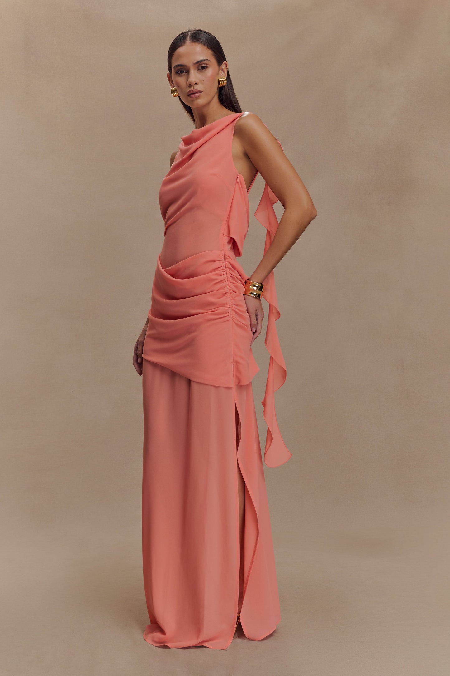 Daria Draped Chiffon Maxi Dress - Pastel Nectarine