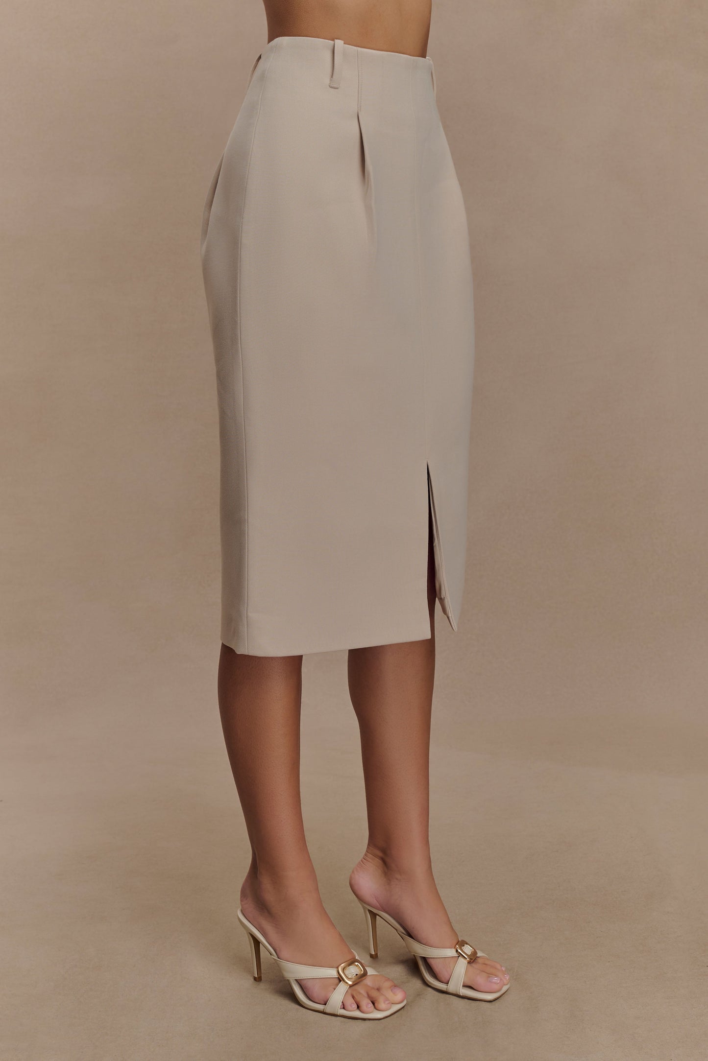 Vera Suiting Split Front Midi Skirt - Ivory Stone