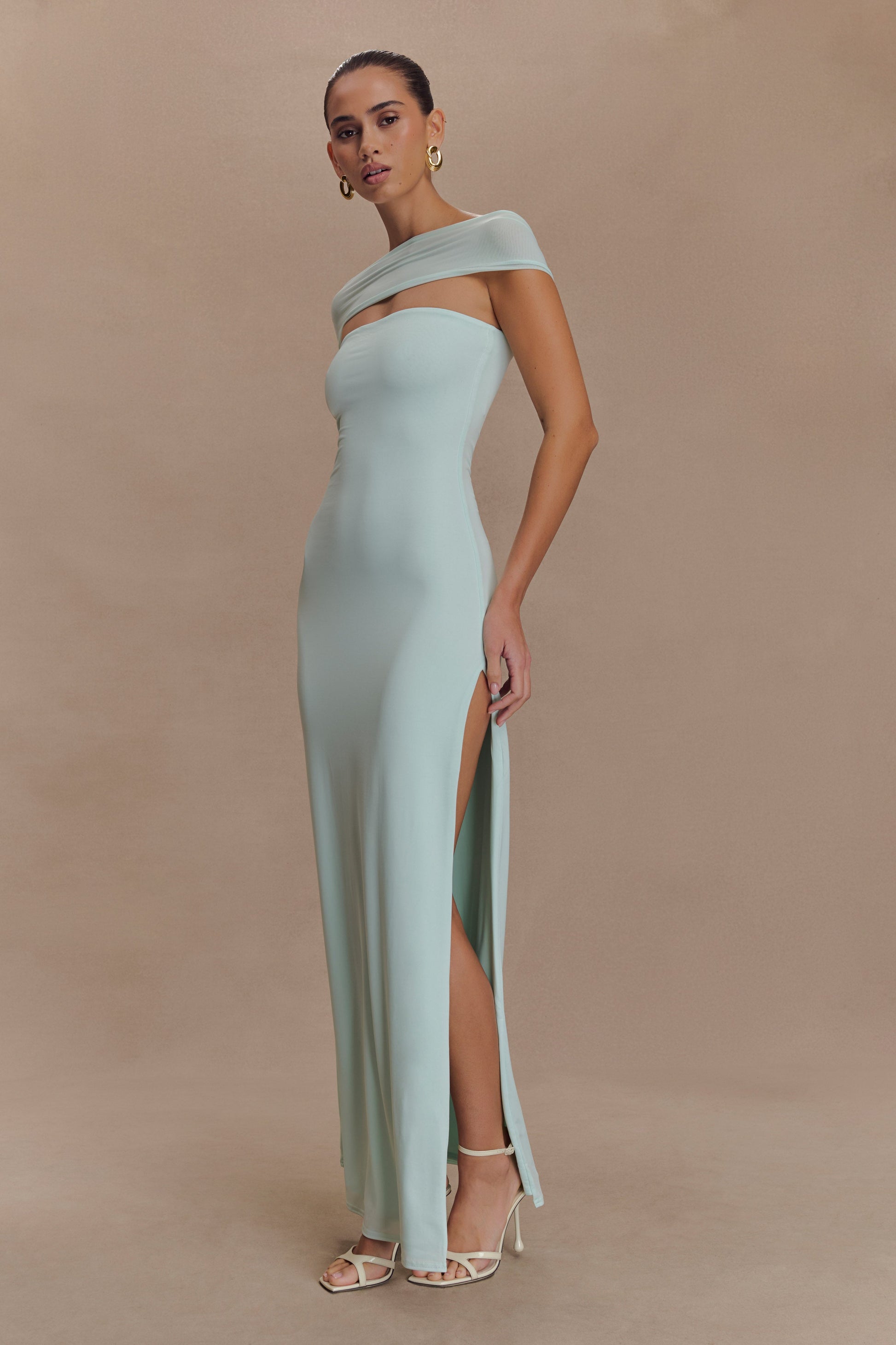 Aurora Slinky And Mesh Split Maxi Dress - Lagoon #4