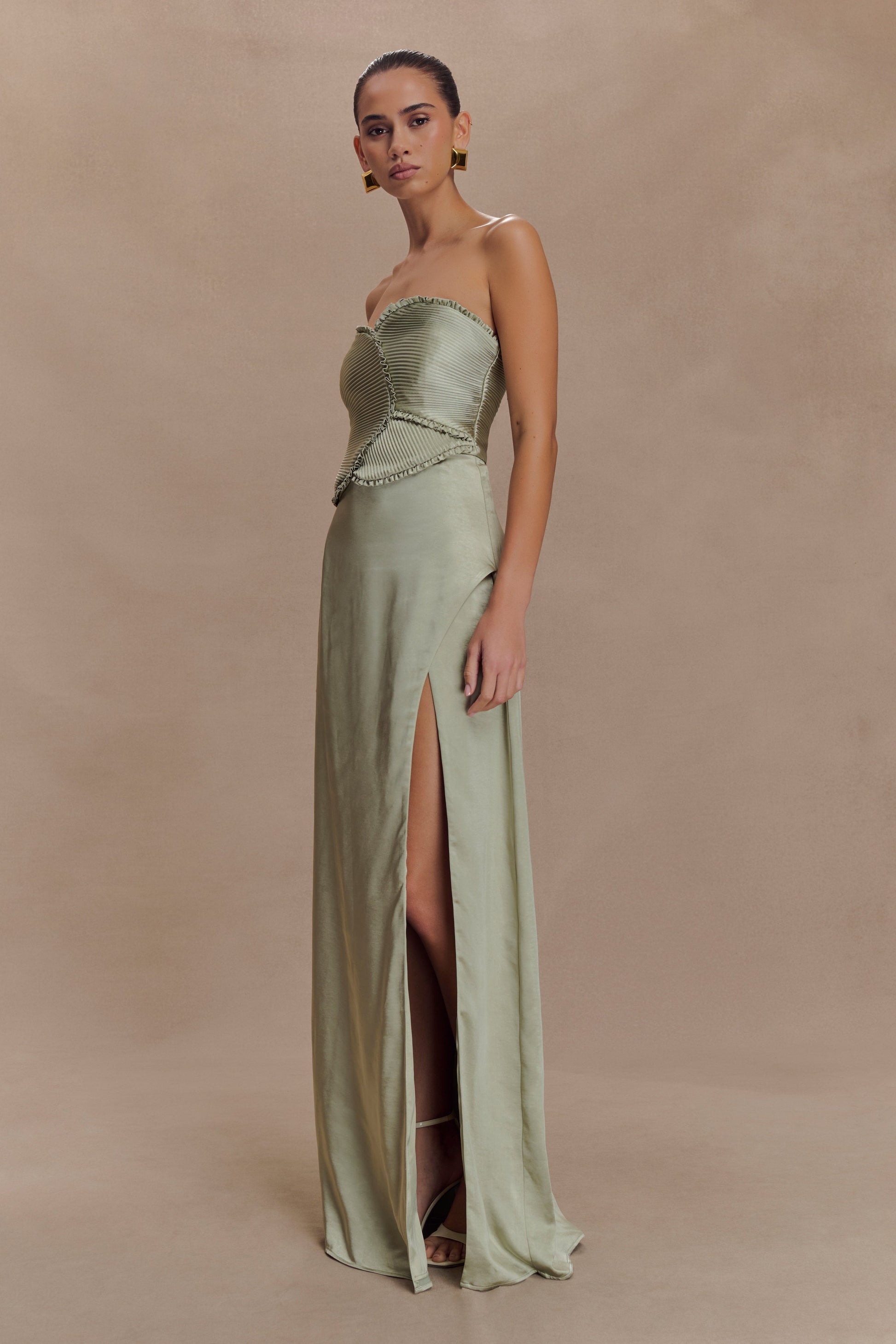 Larissa Satin Maxi Dress With Ruched Petals - Sage #4