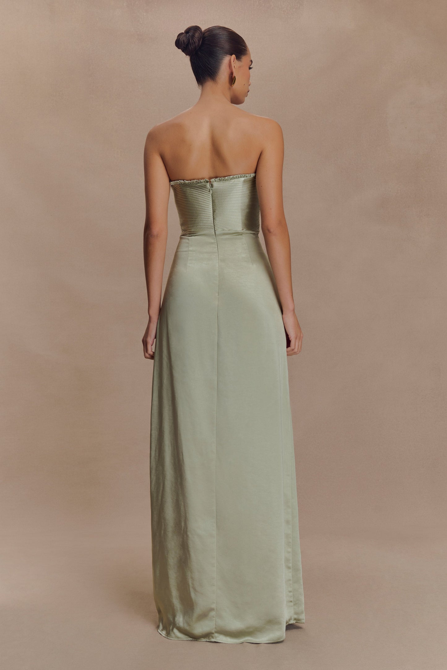Larissa Satin Maxi Dress With Ruched Petals - Sage
