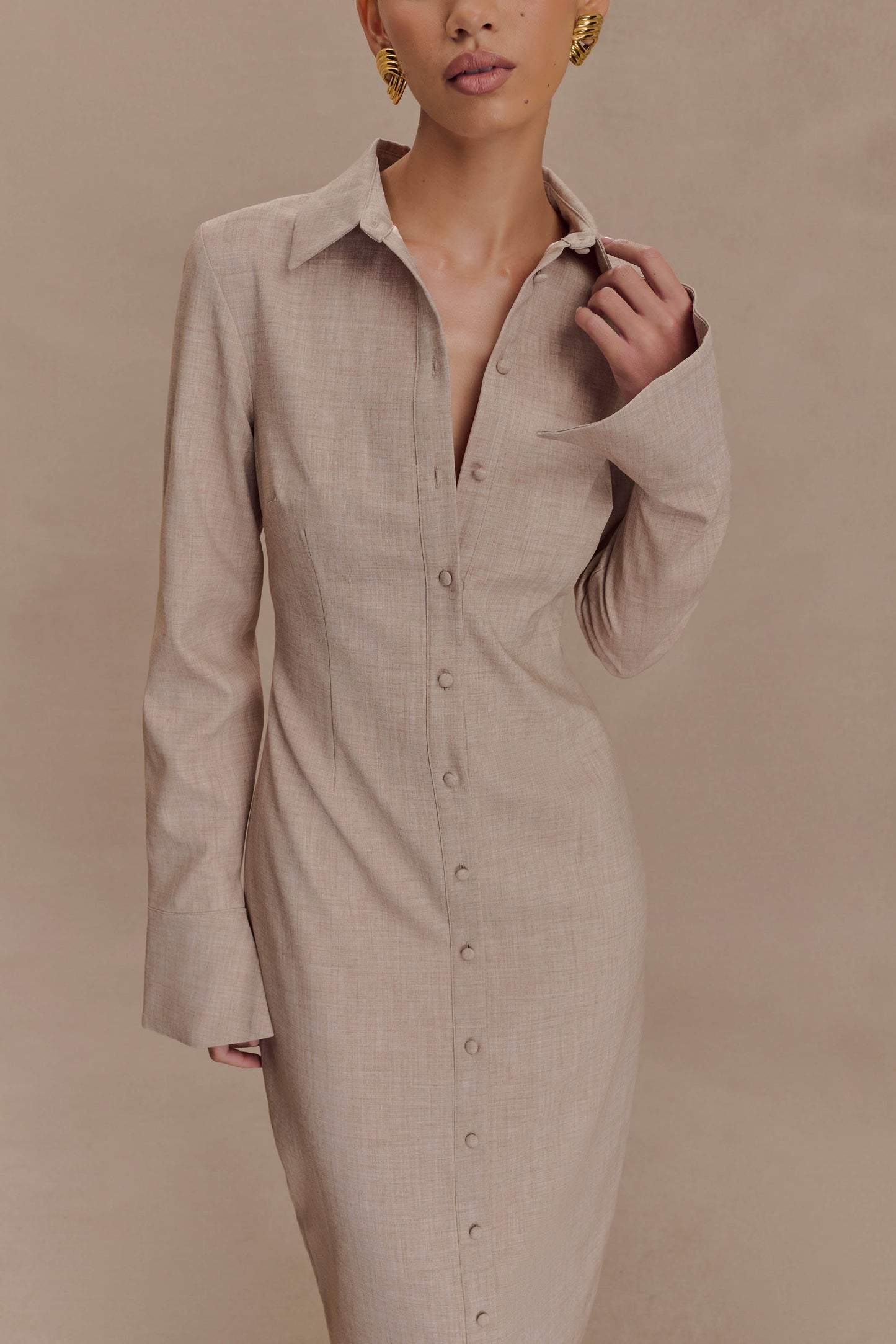 Dorian Fitted Shirt Midi Dress - Wheat Marle