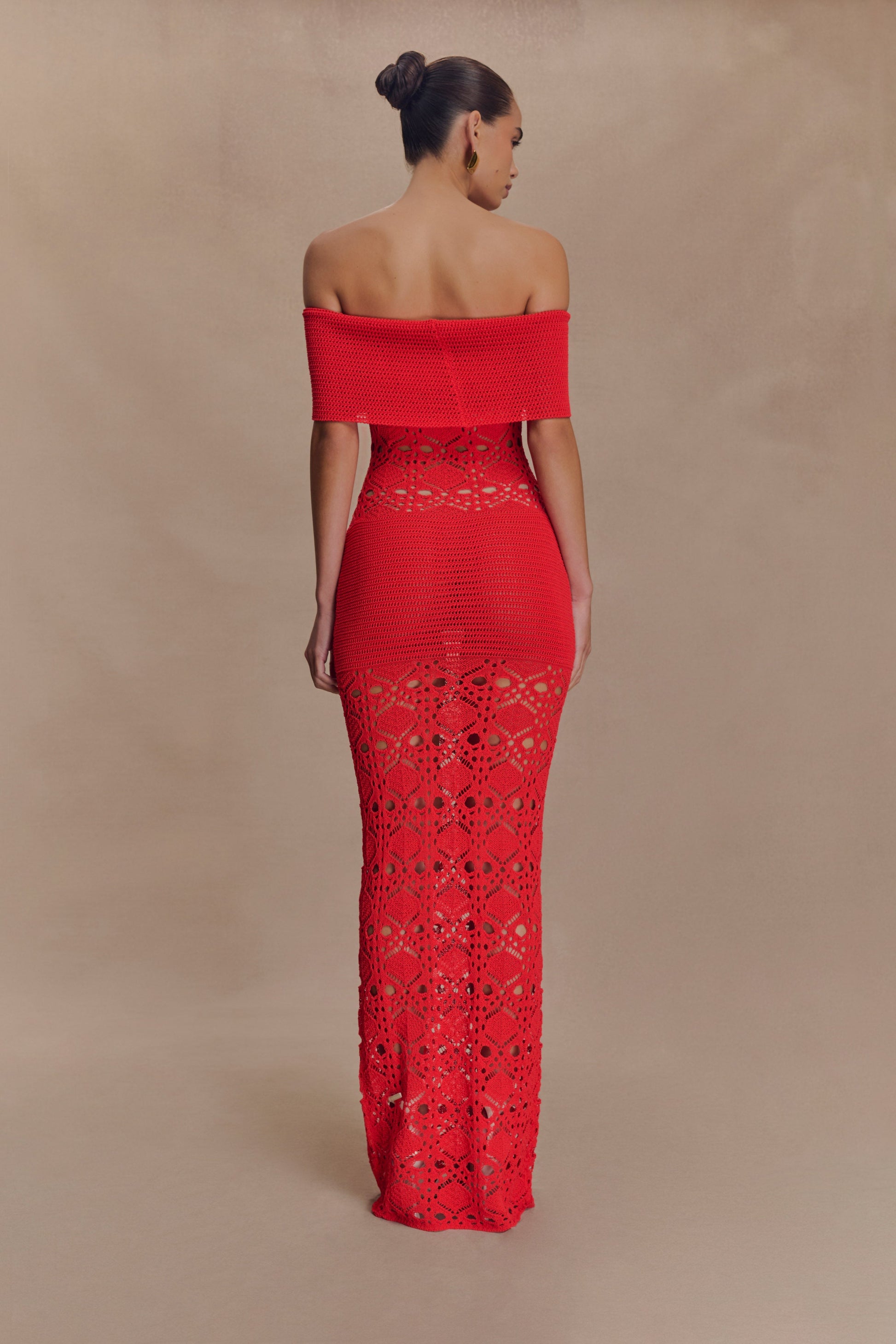 Solstice Off Shoulder Crochet Knit Maxi Dress - Blood Orange #2