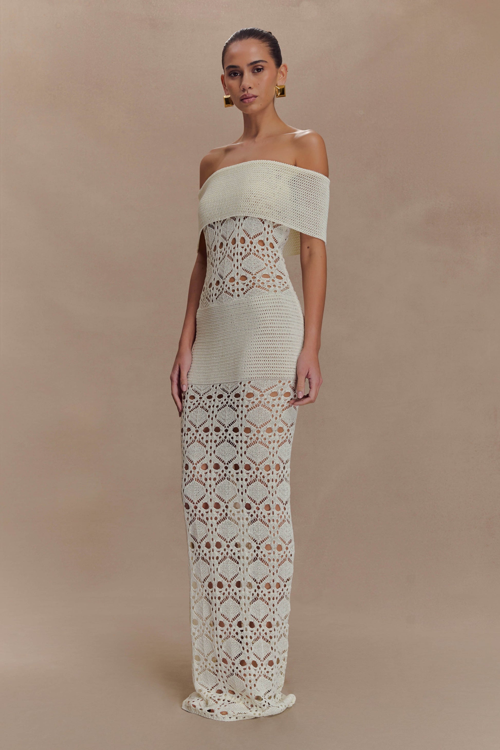 Solstice Off Shoulder Crochet Knit Maxi Dress - Ivory #5
