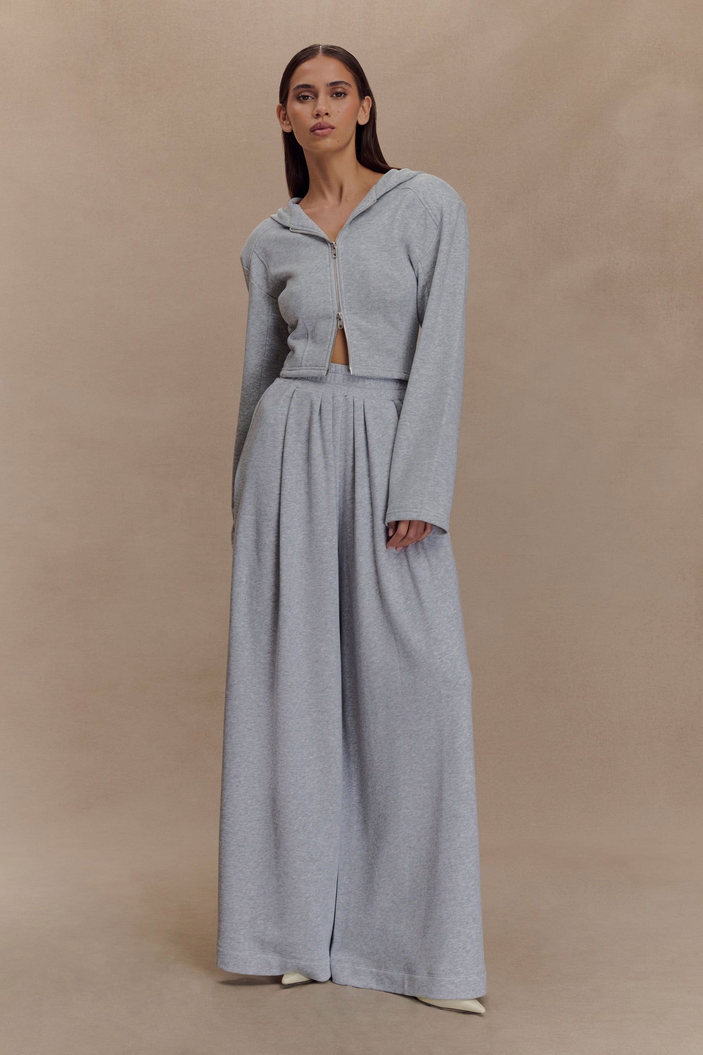 Aspen Gathered Wide Leg Jogger - Light Grey Marle