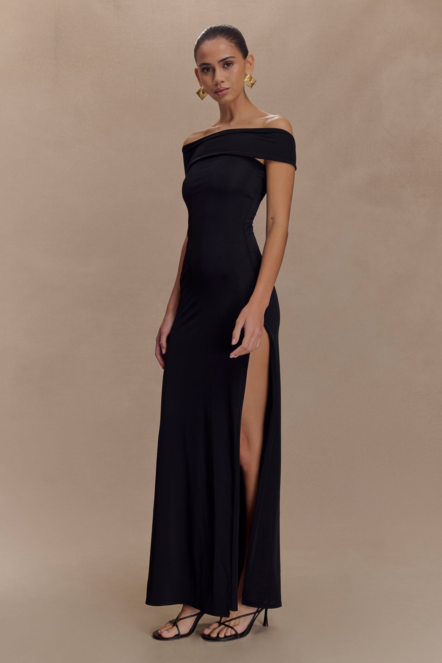 Aurora Slinky And Mesh Split Maxi Dress - Black