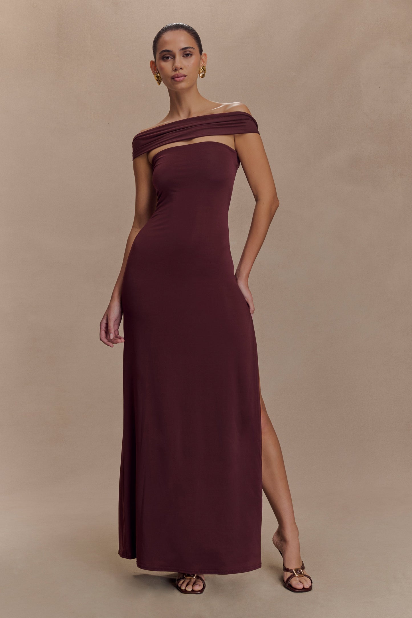 Aurora Slinky And Mesh Split Maxi Dress - Mahogany