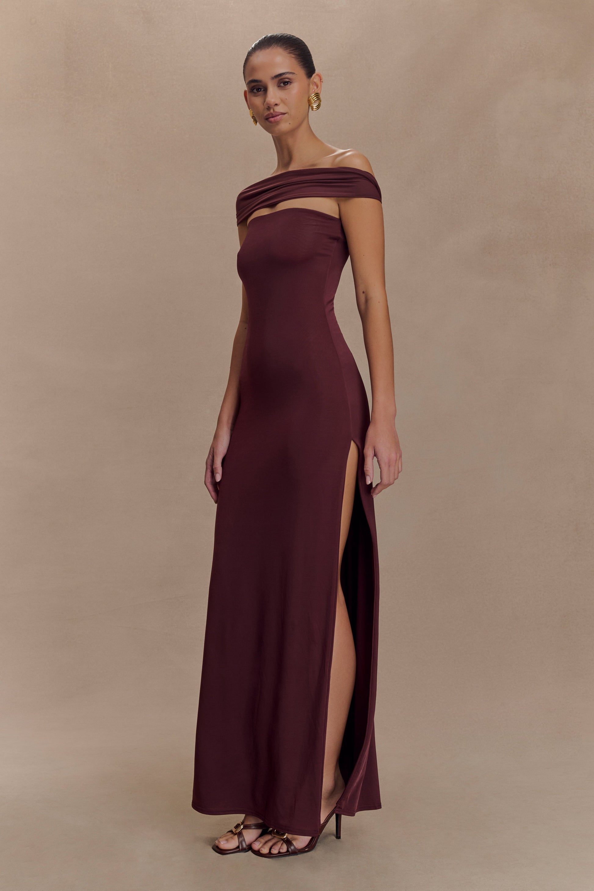 Aurora Slinky And Mesh Split Maxi Dress - Mahogany #4