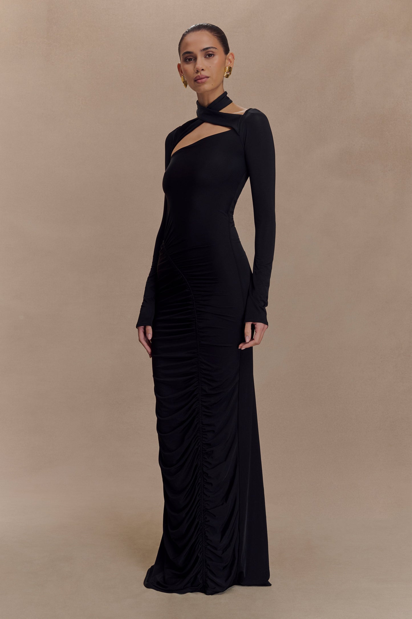 Lyndon Long Sleeve Slinky Maxi Dress - Black