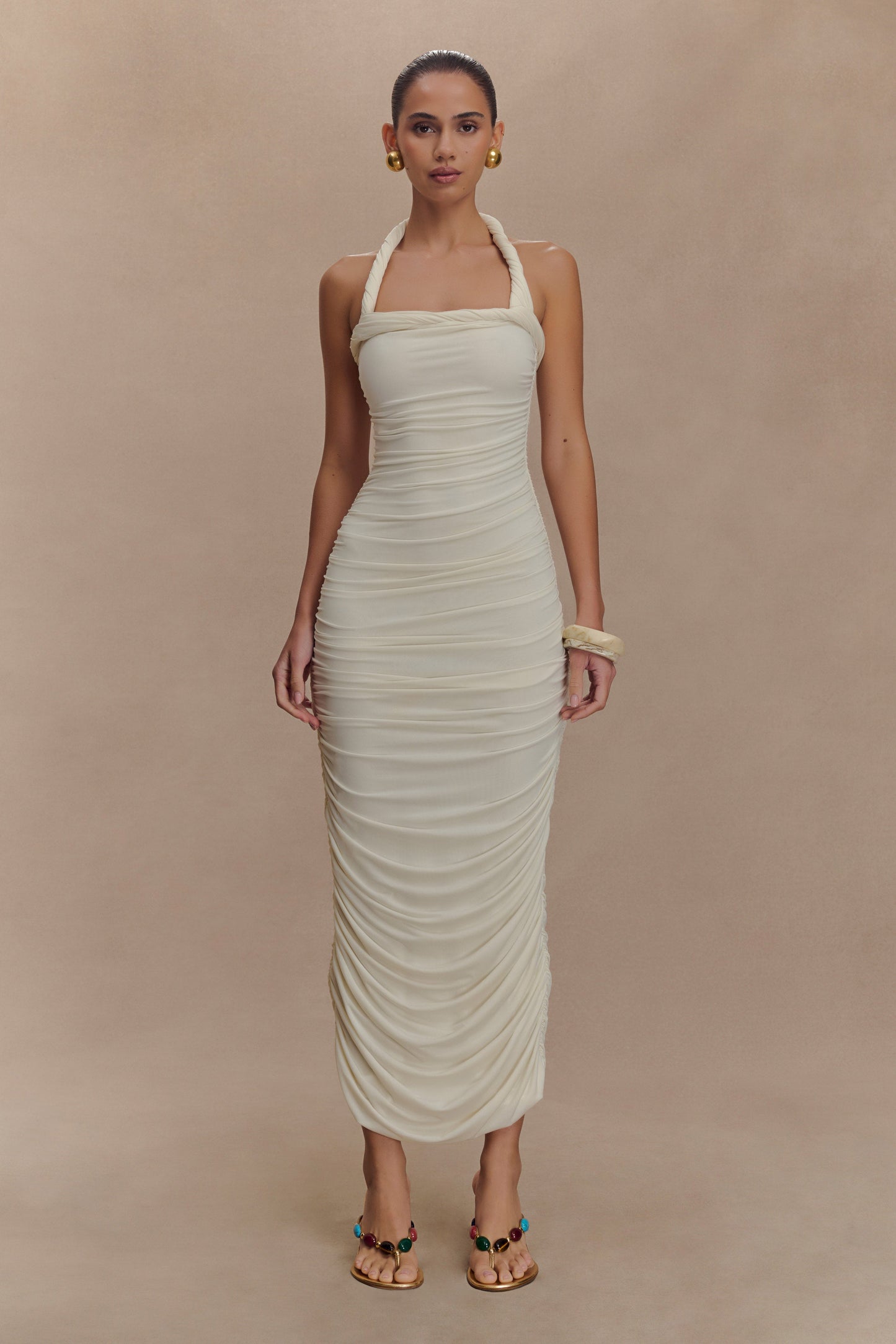 Camila Ruched Halter Midi Dress - Ivory
