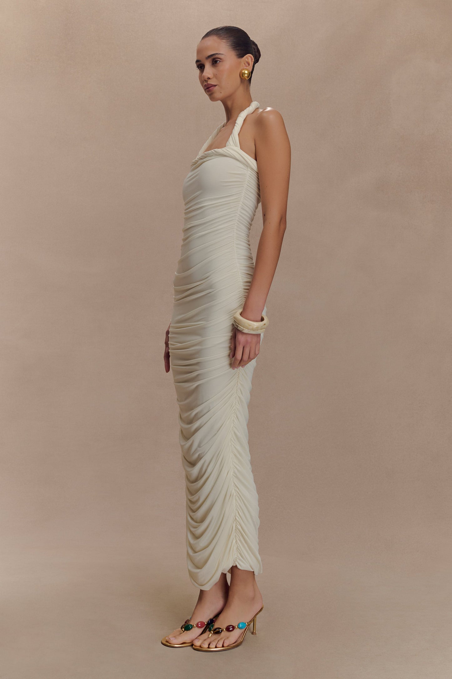 Camila Ruched Halter Midi Dress - Ivory