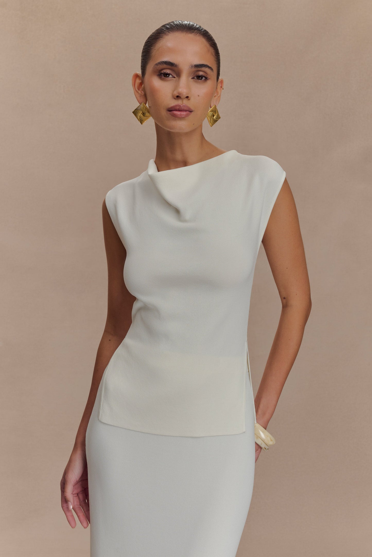 Francisca Cowl Neck Knit Top - White