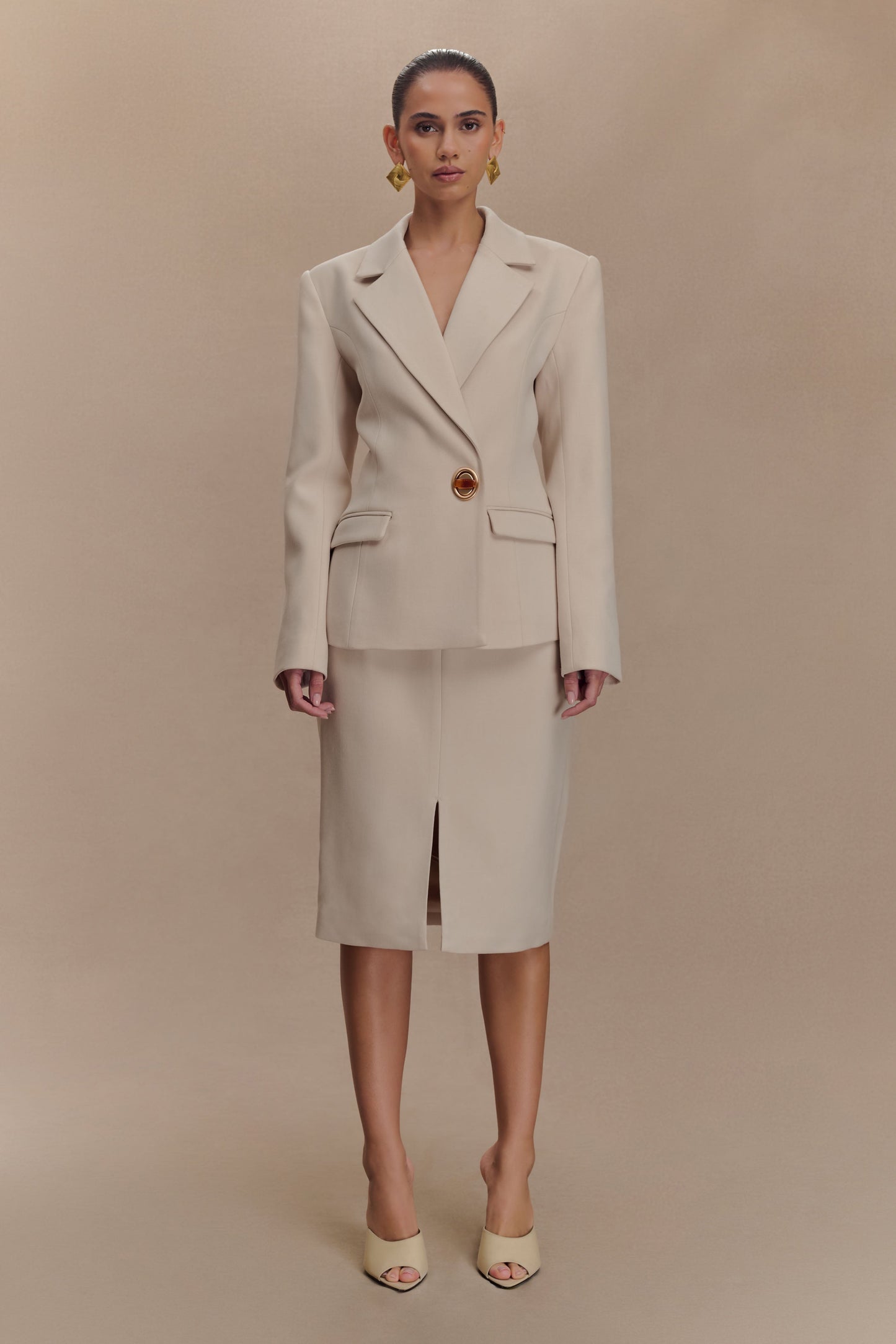 Vera Suiting Split Front Midi Skirt - Ivory Stone