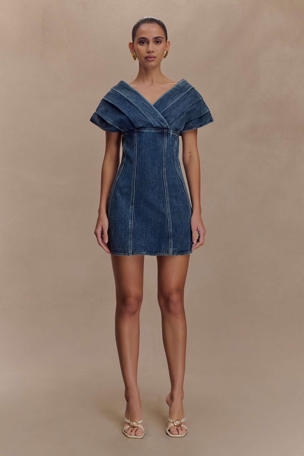 Pascale Off Shoulder Denim Mini Dress - Washed Dark Blue