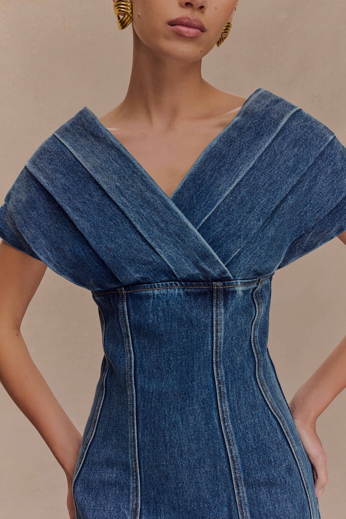Pascale Off Shoulder Denim Mini Dress - Washed Dark Blue