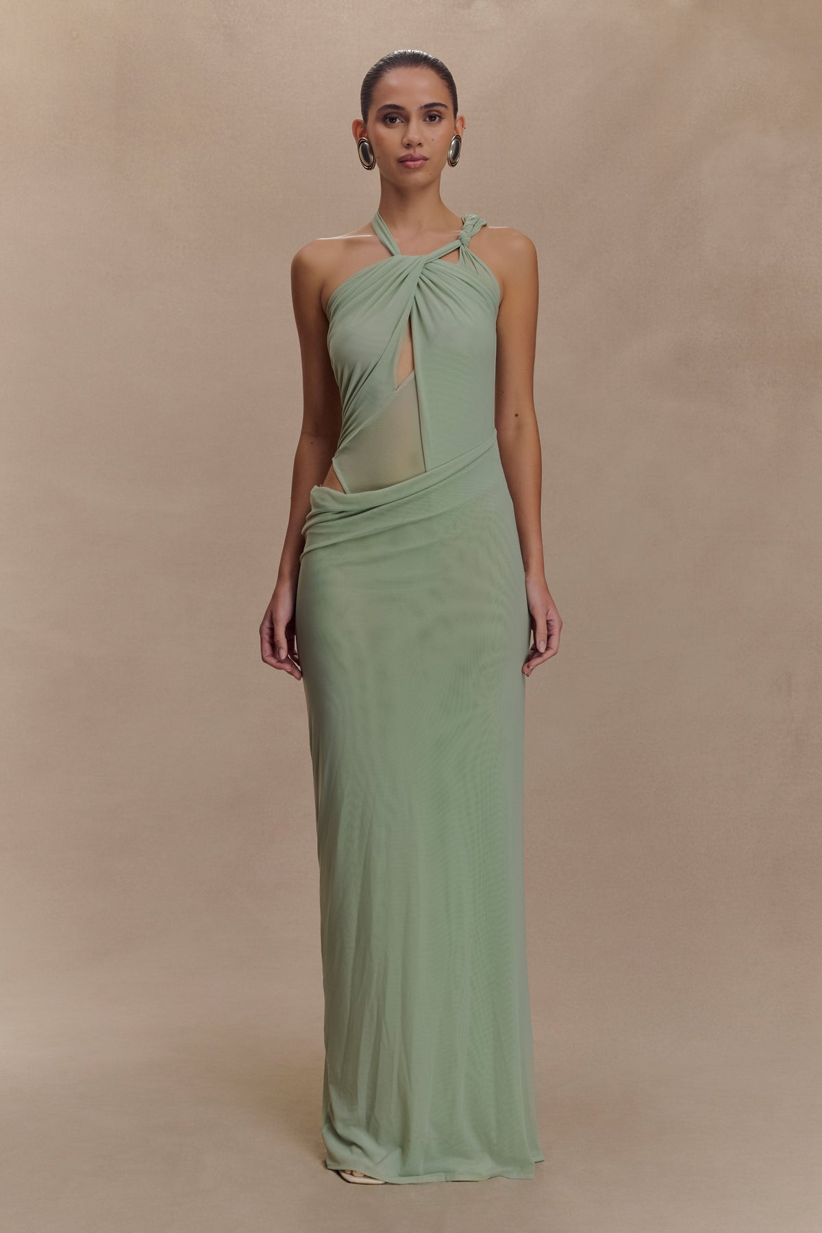 Edwina Knotted Mesh Maxi Dress - Sage
