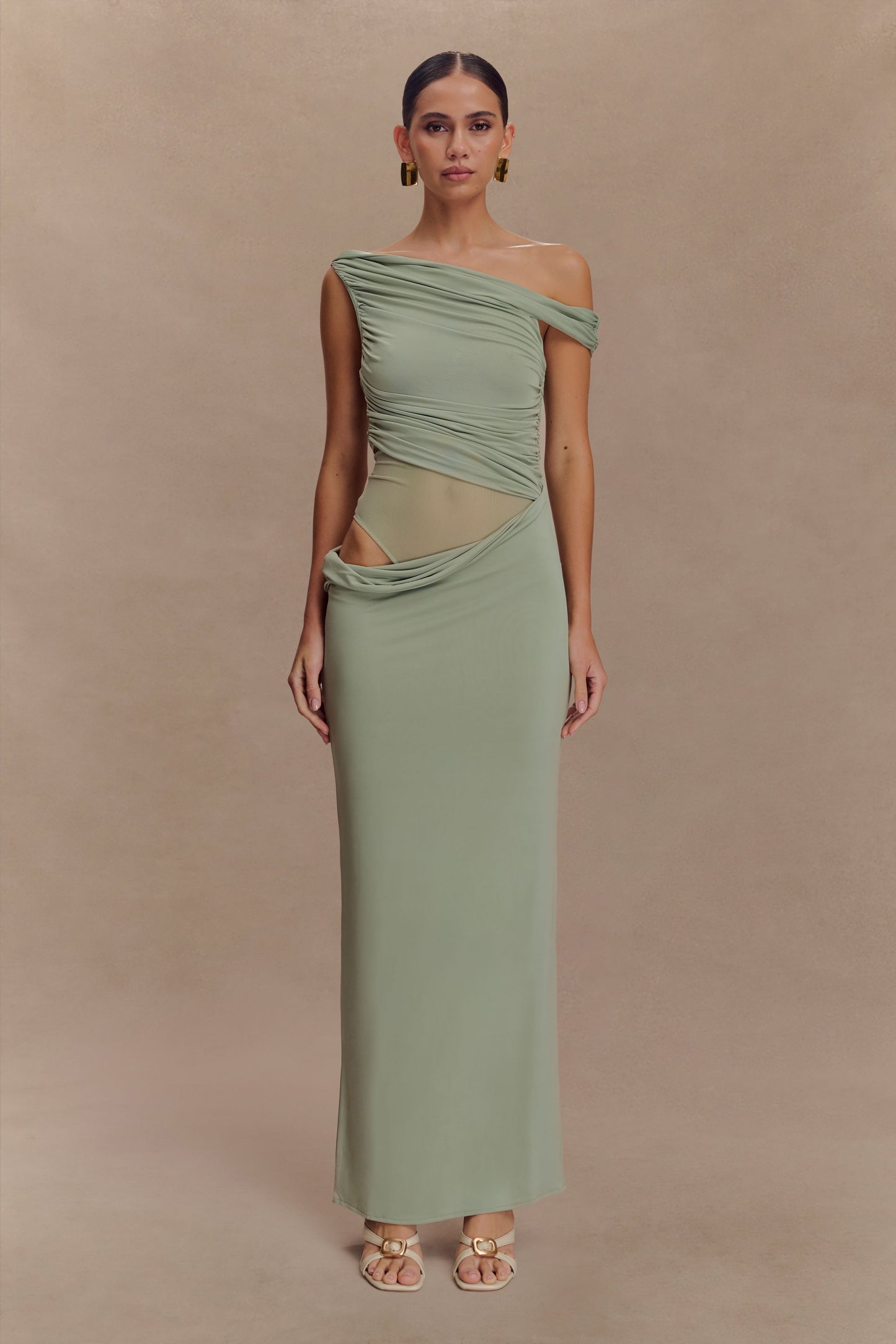Callen One Shoulder Slinky Maxi Dress - Sage
