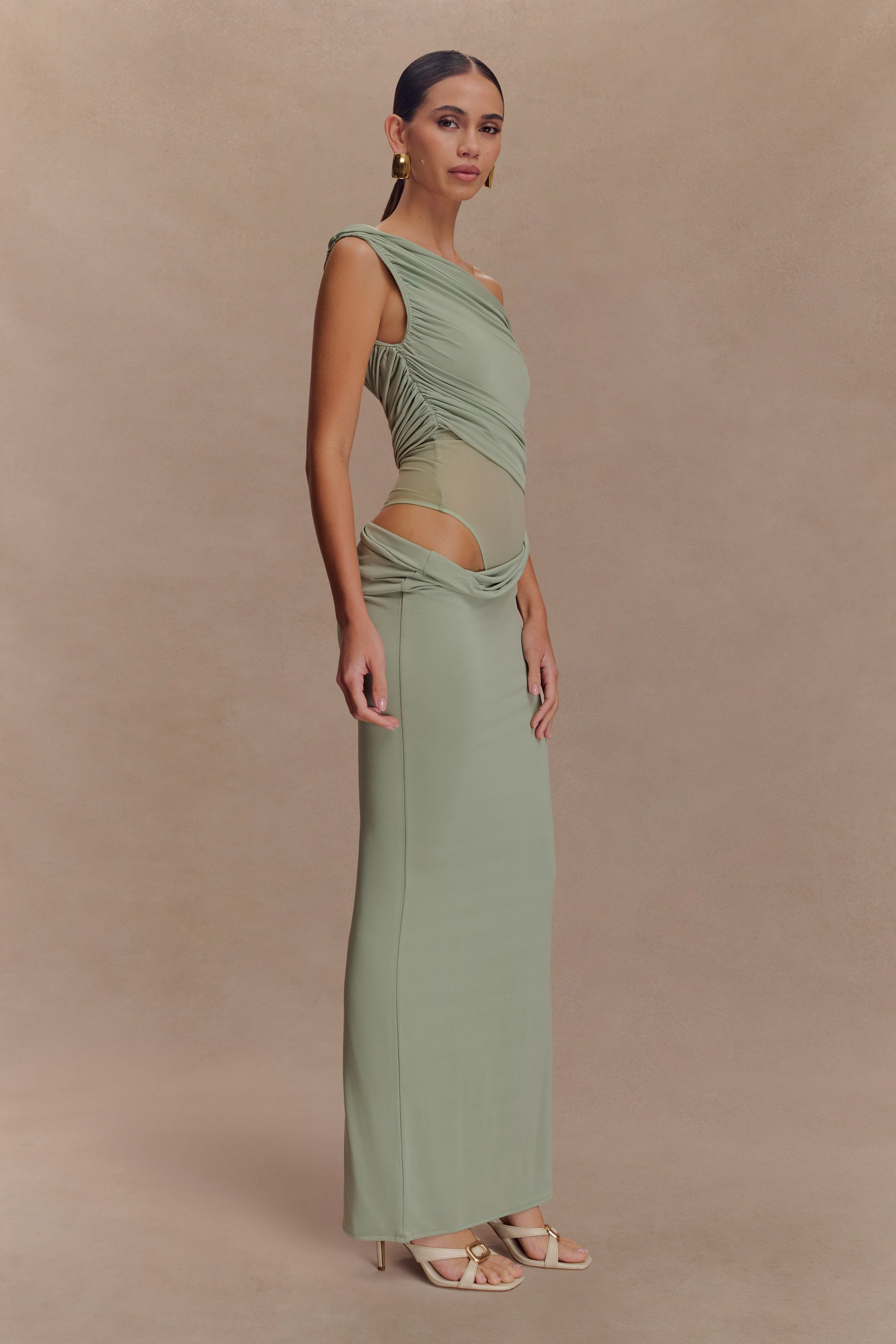 Callen One Shoulder Slinky Maxi Dress - Sage #4