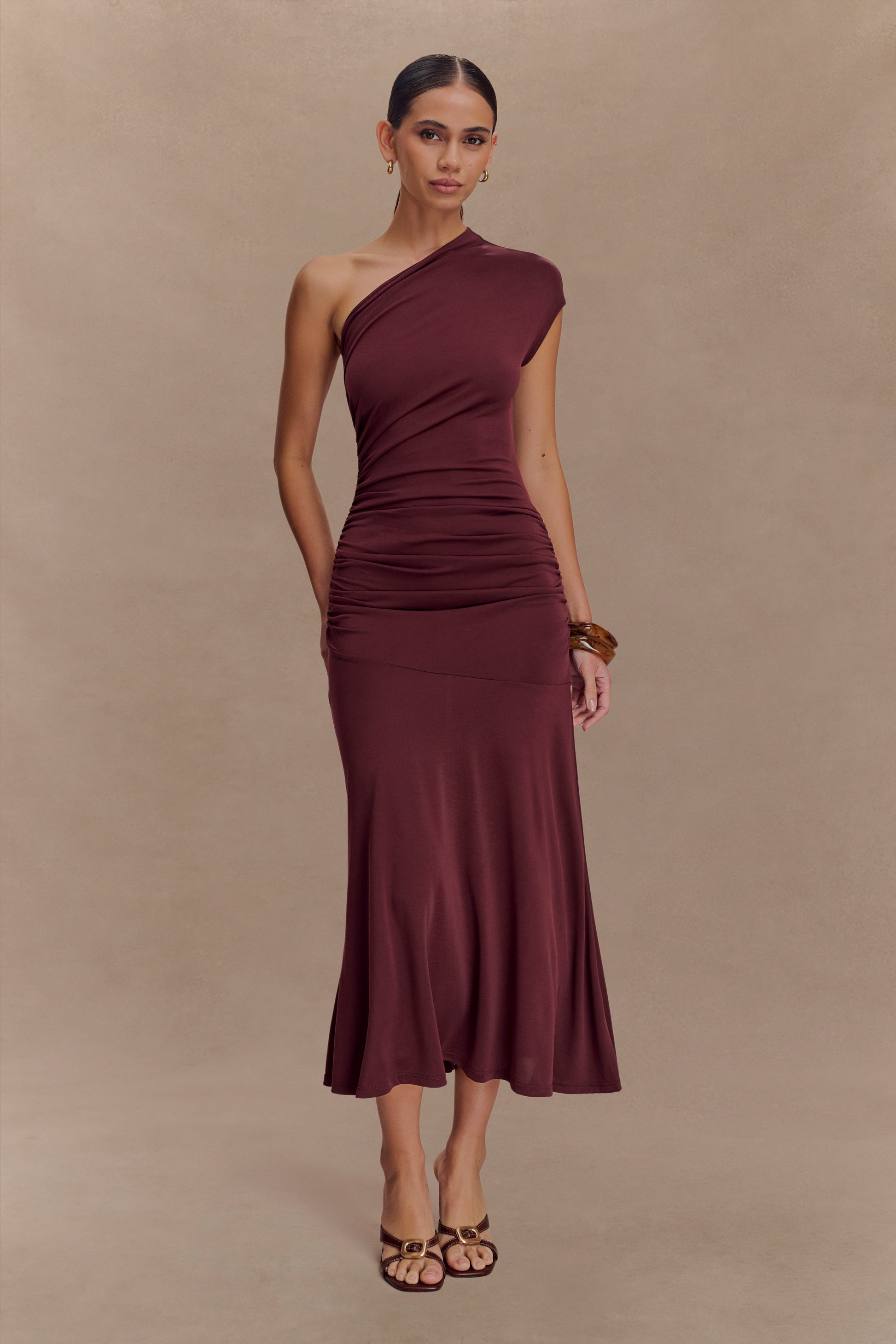 Chloe Peached Jersey One Shoulder Midi Dress - Mahogany #5