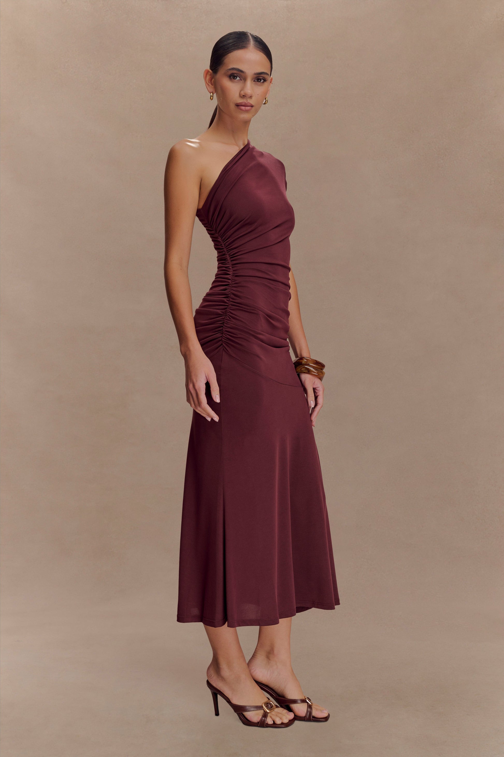 Chloe Peached Jersey One Shoulder Midi Dress - Mahogany #4