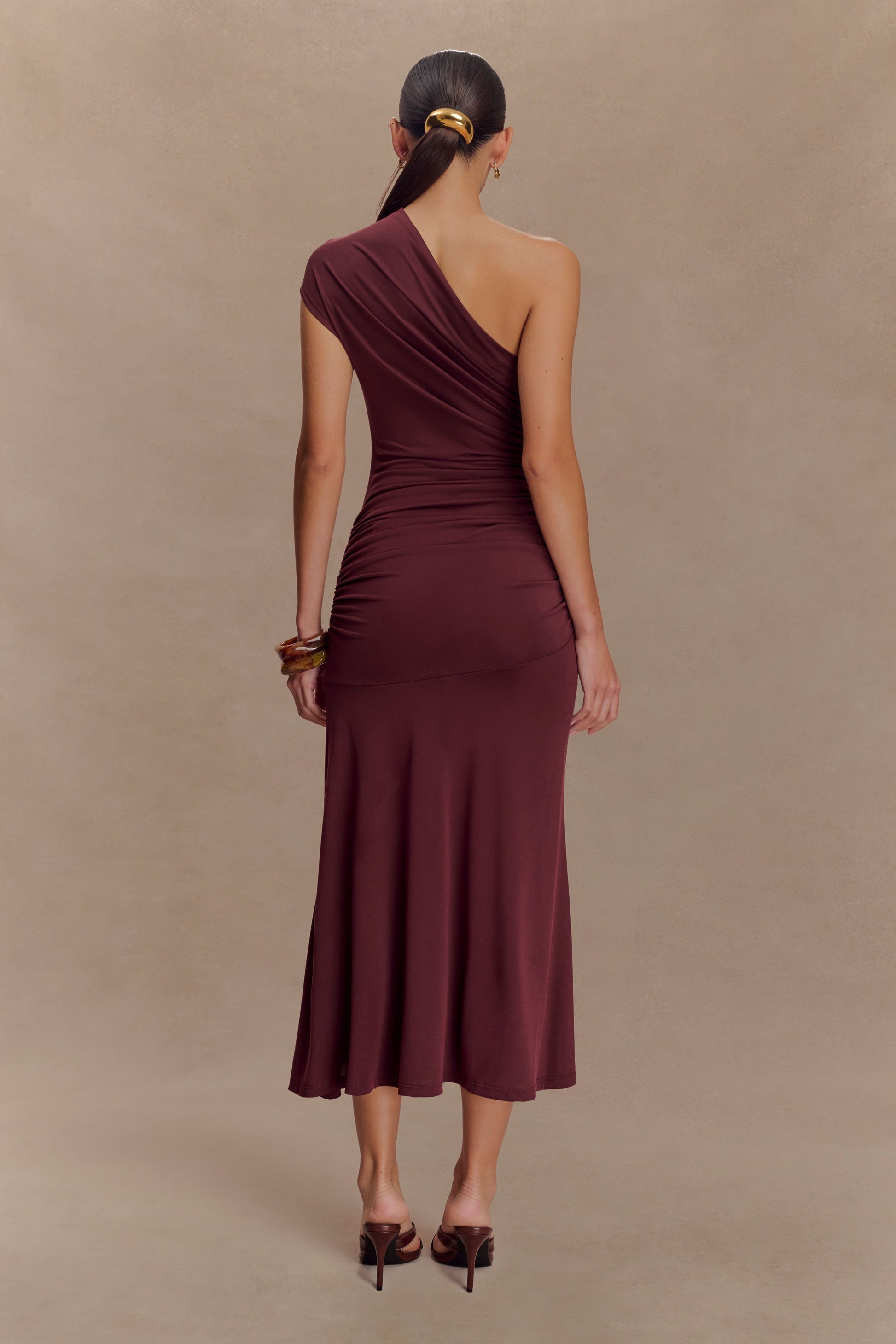 Chloe Peached Jersey One Shoulder Midi Dress - Mahogany #2