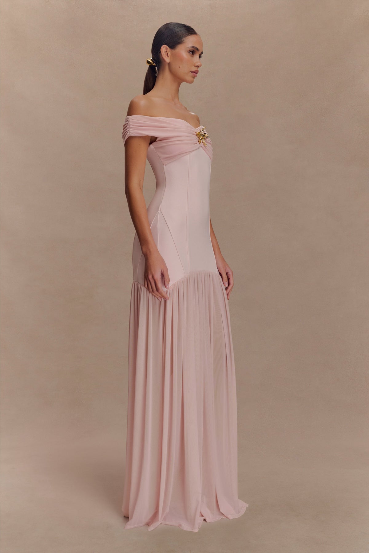 Kellie Off Shoulder Crepe Maxi Dress - Blush Pink