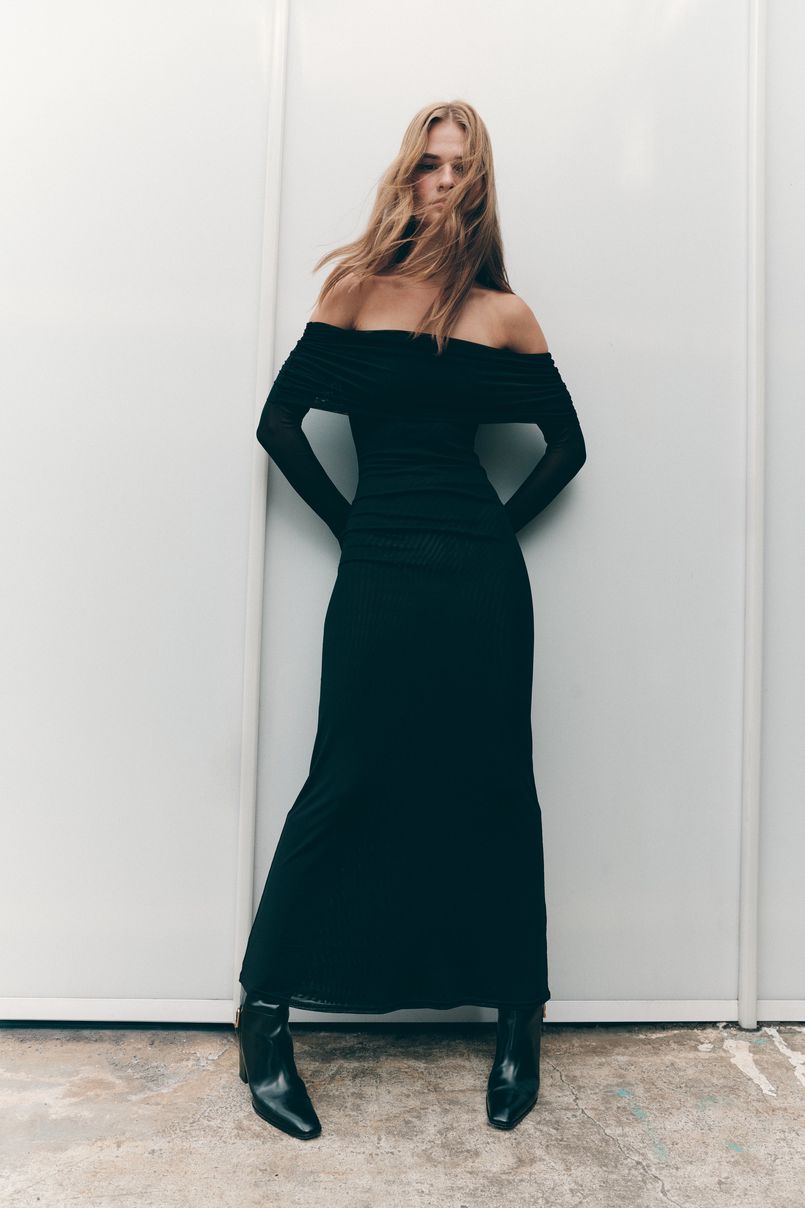 Moves With You Off Shoulder Mesh Maxi Dress Black main image 1