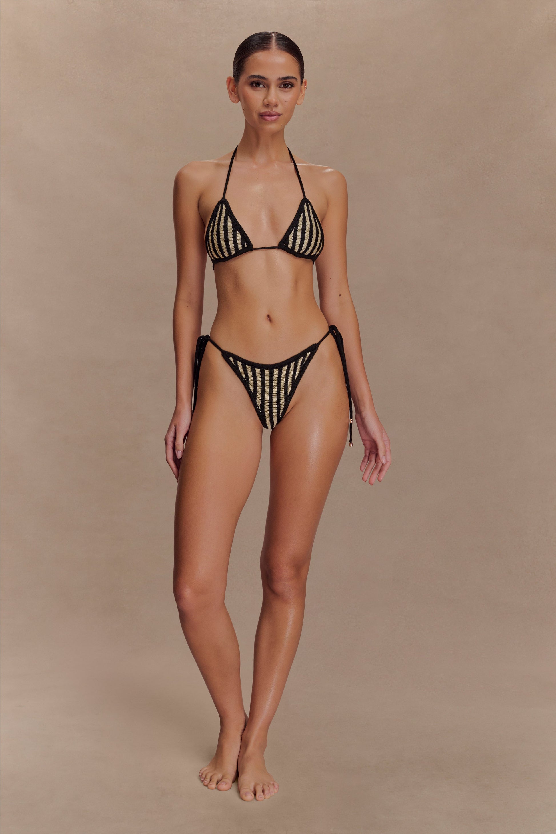 Corrie Crochet Tie Up Bikini Top - Black And Neutral Stripe #7