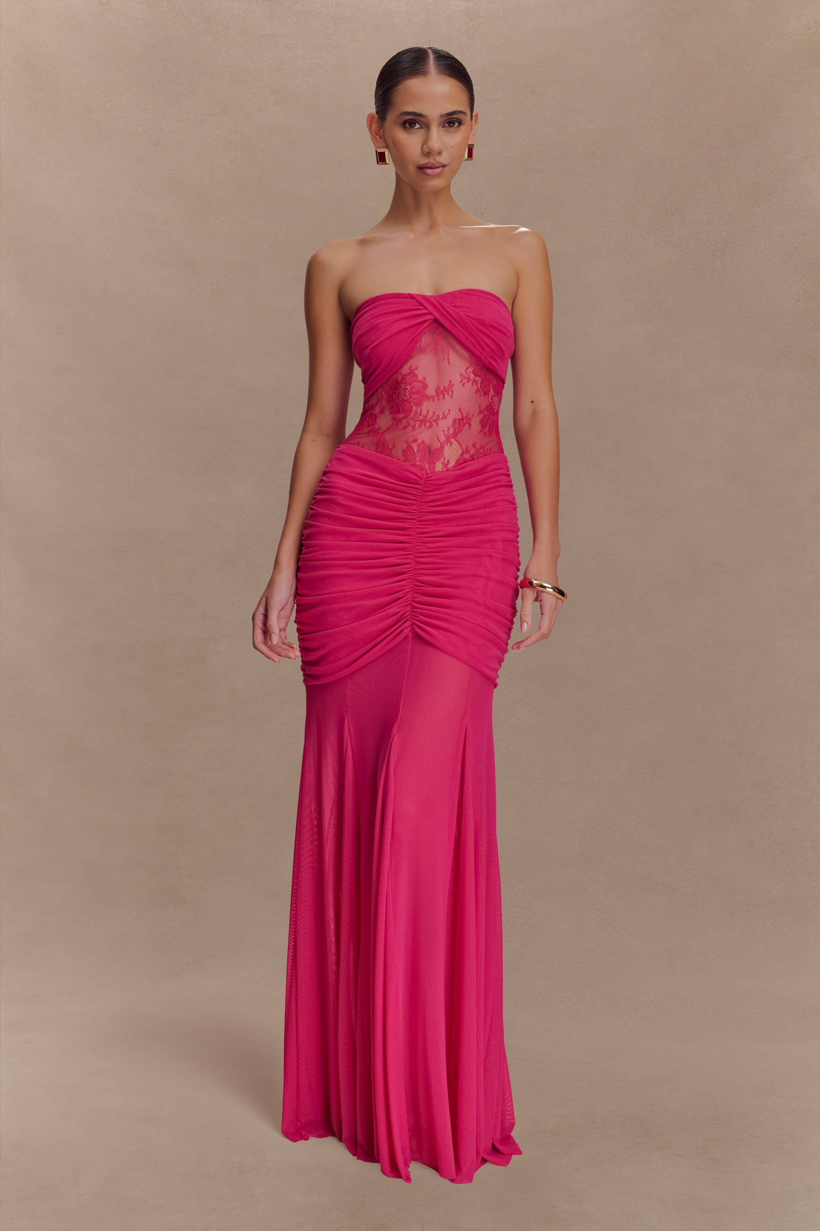 Khadijah Lace And Mesh Maxi Dress - Dragonfruit | MESHKI UK