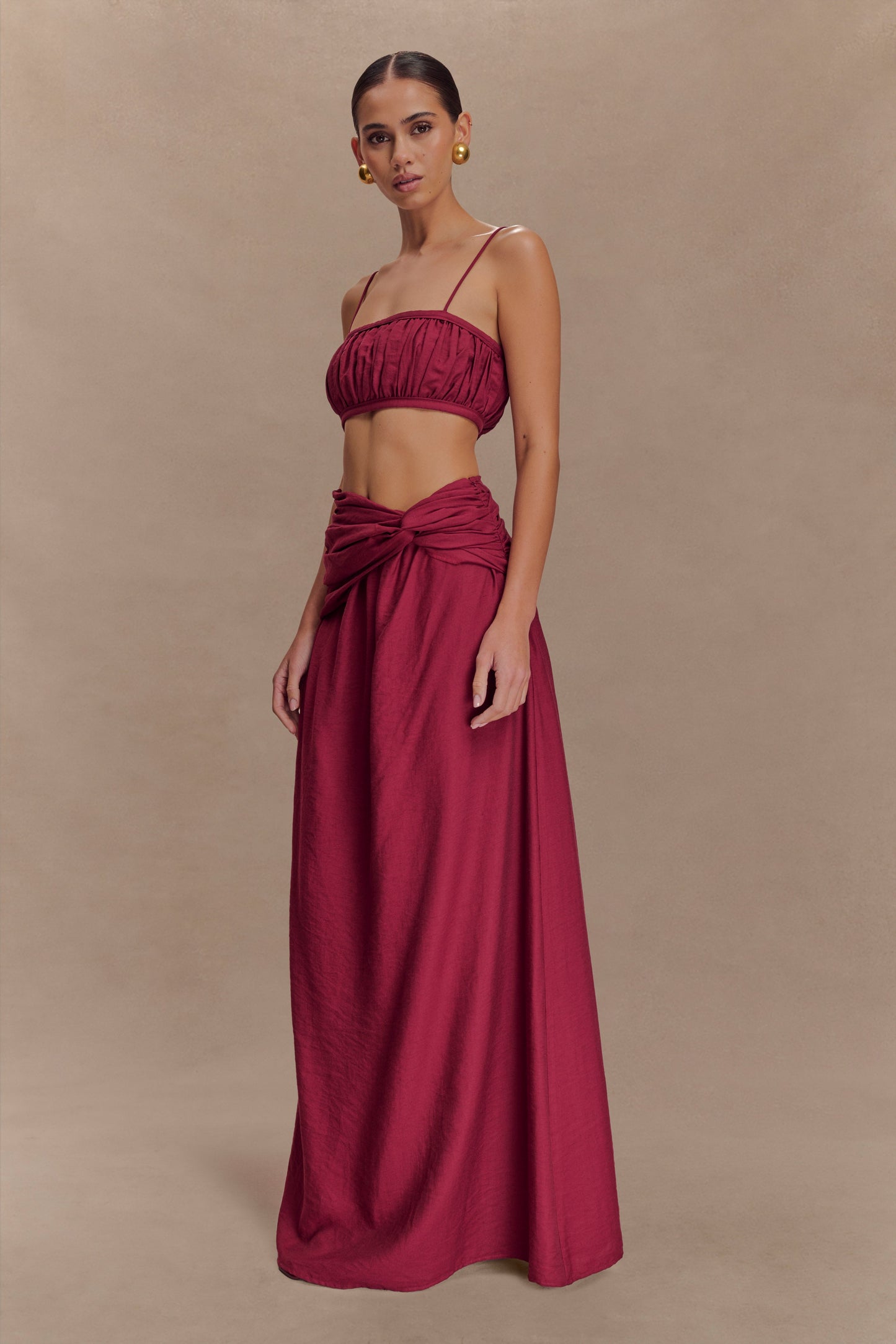 Scottie Gathered Linen Knot Maxi Skirt - Wine