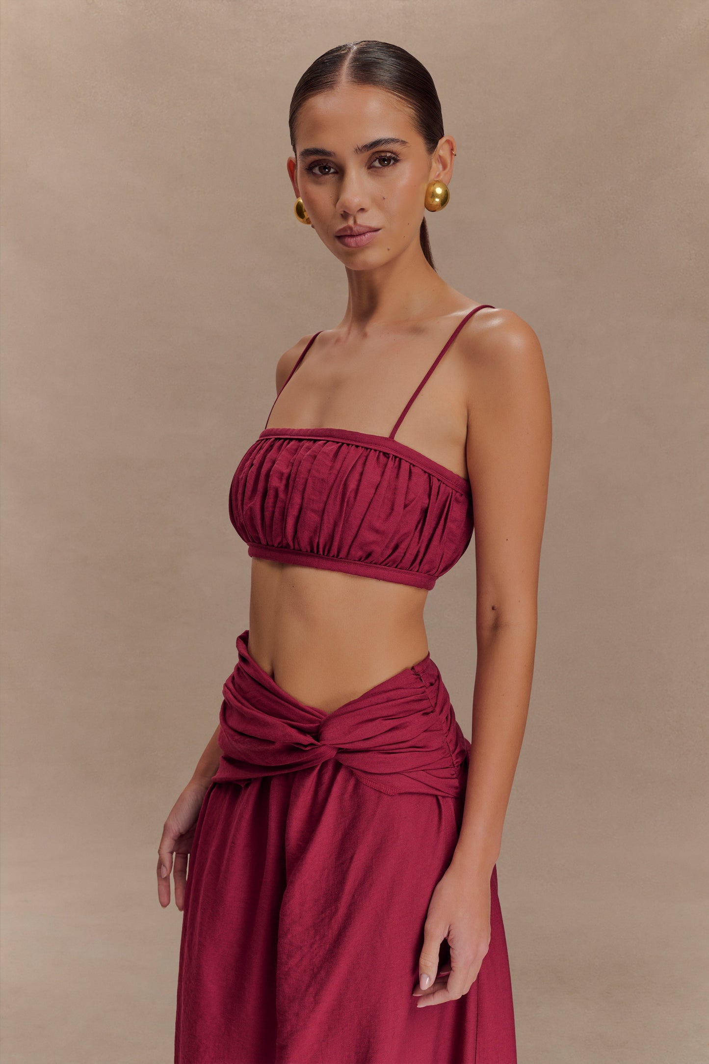 Scottie Shirred Linen Bandeau - Wine