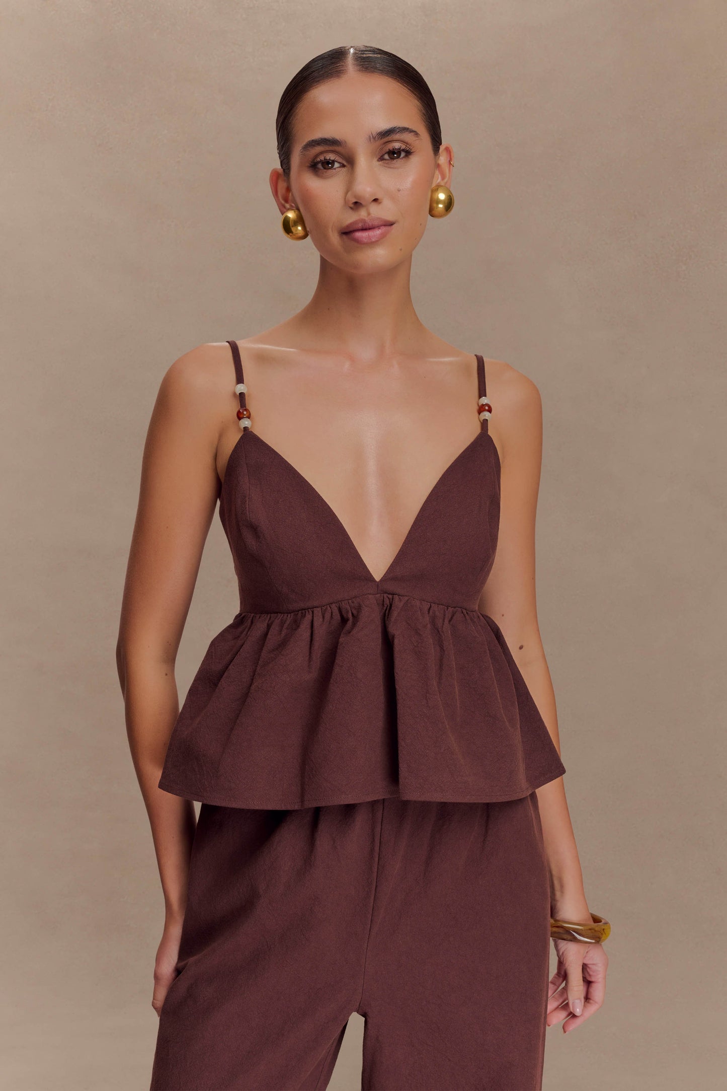 Janayia Cotton Beaded Top - Dark Espresso