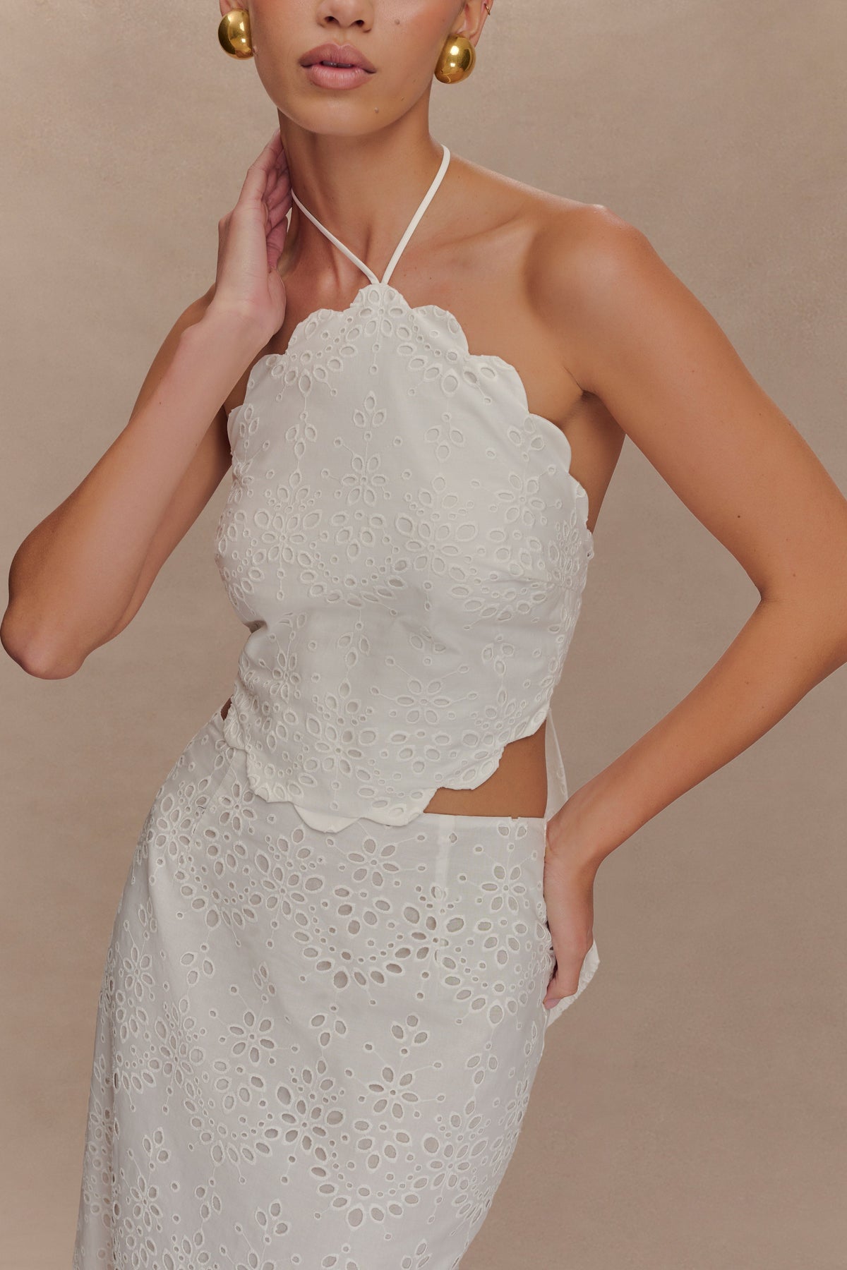 Kensley Broderie Halter Top - White