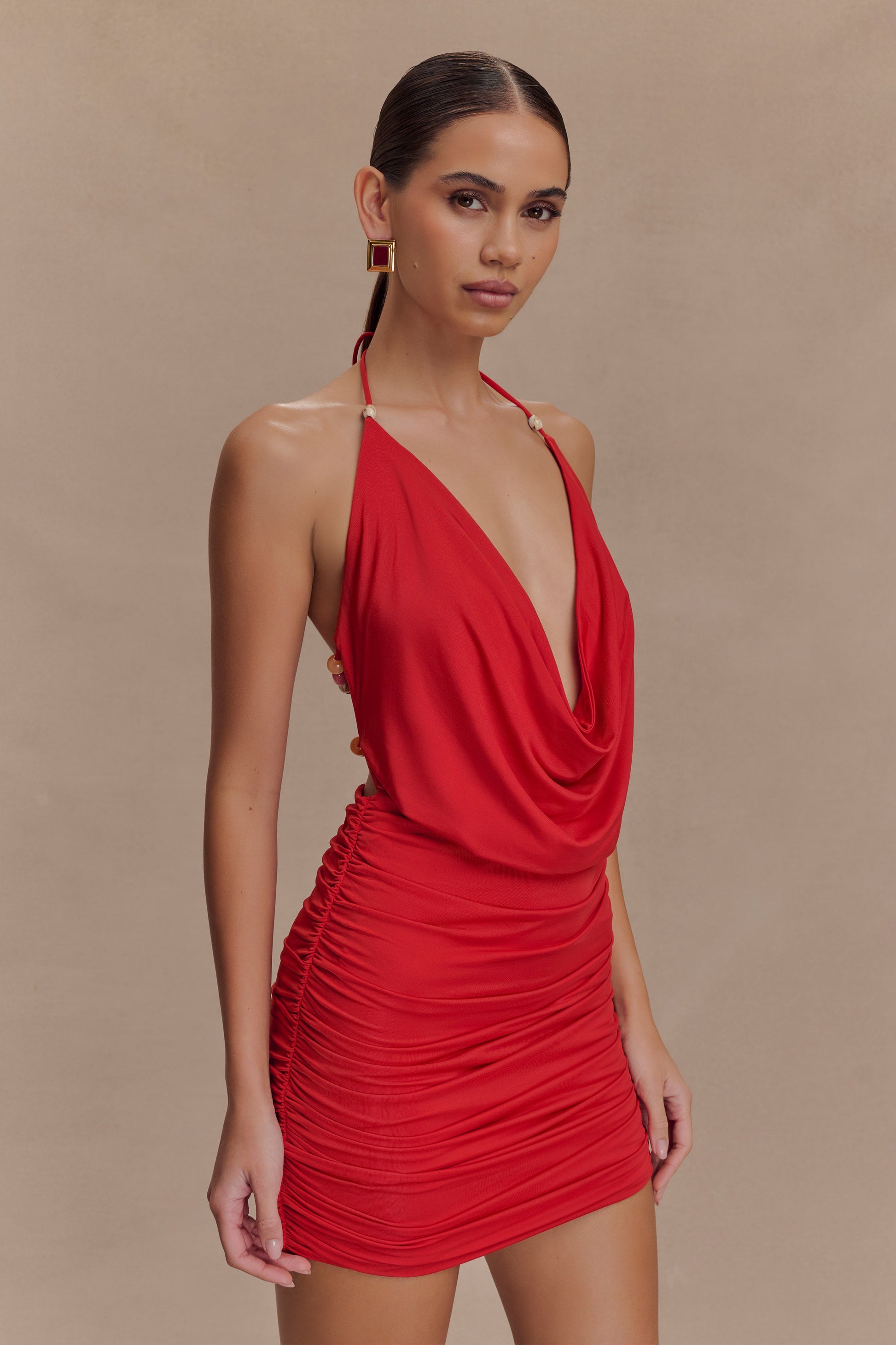 Astraeus Beaded Cowl Mini Dress - Desert Red #4