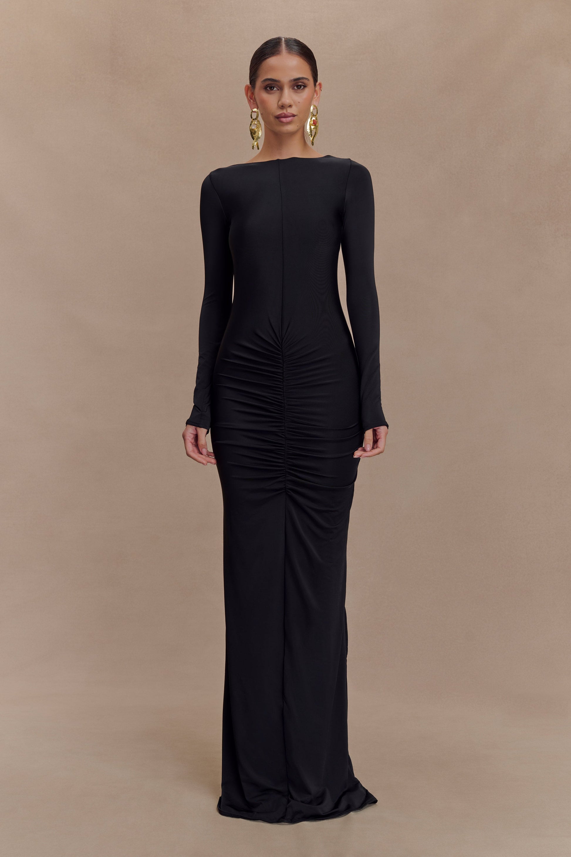 Louisa Long Sleeve Slinky Maxi Dress - Black #2