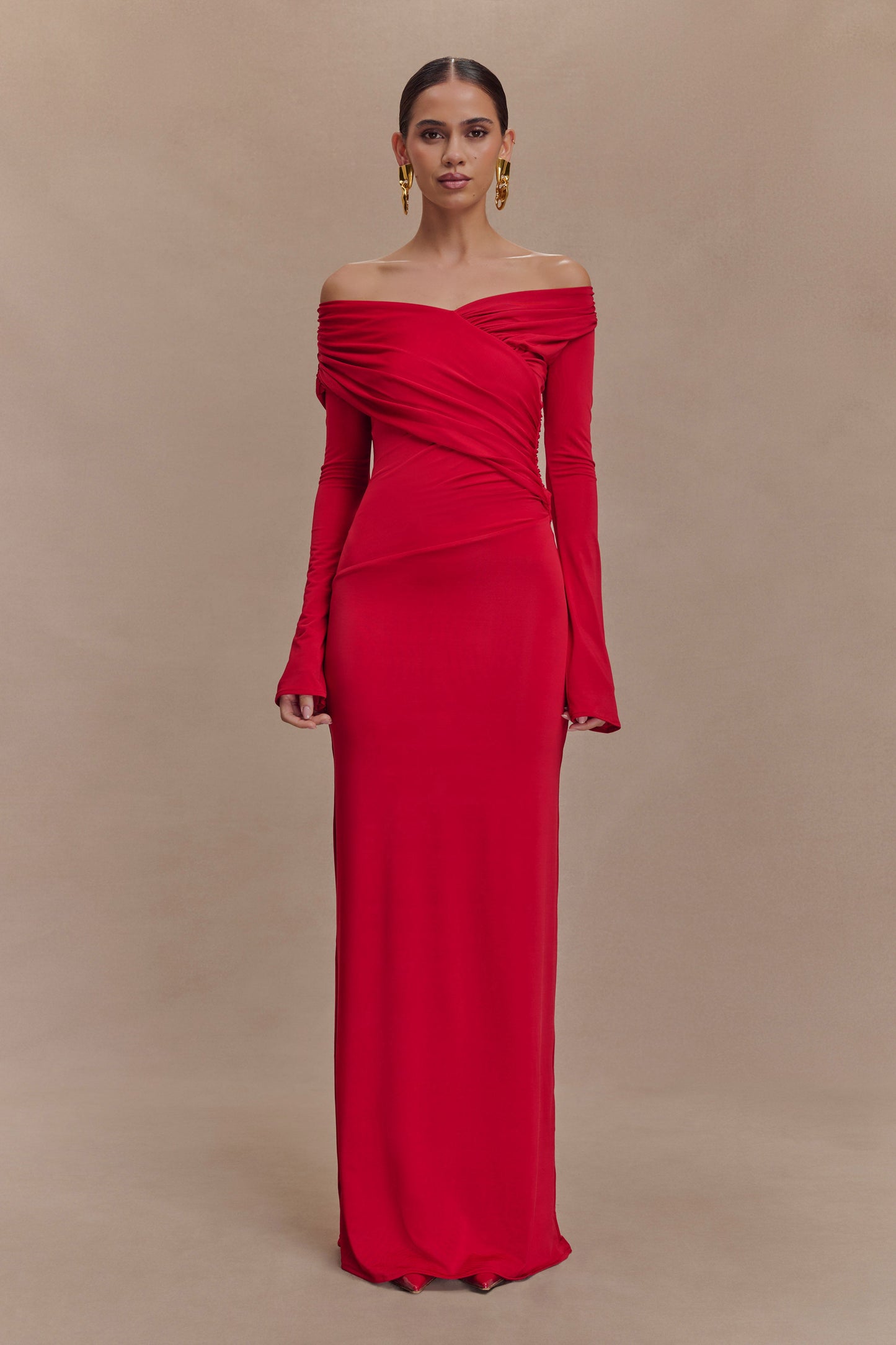 Therese Off Shoulder Ruched Maxi Dress - Red