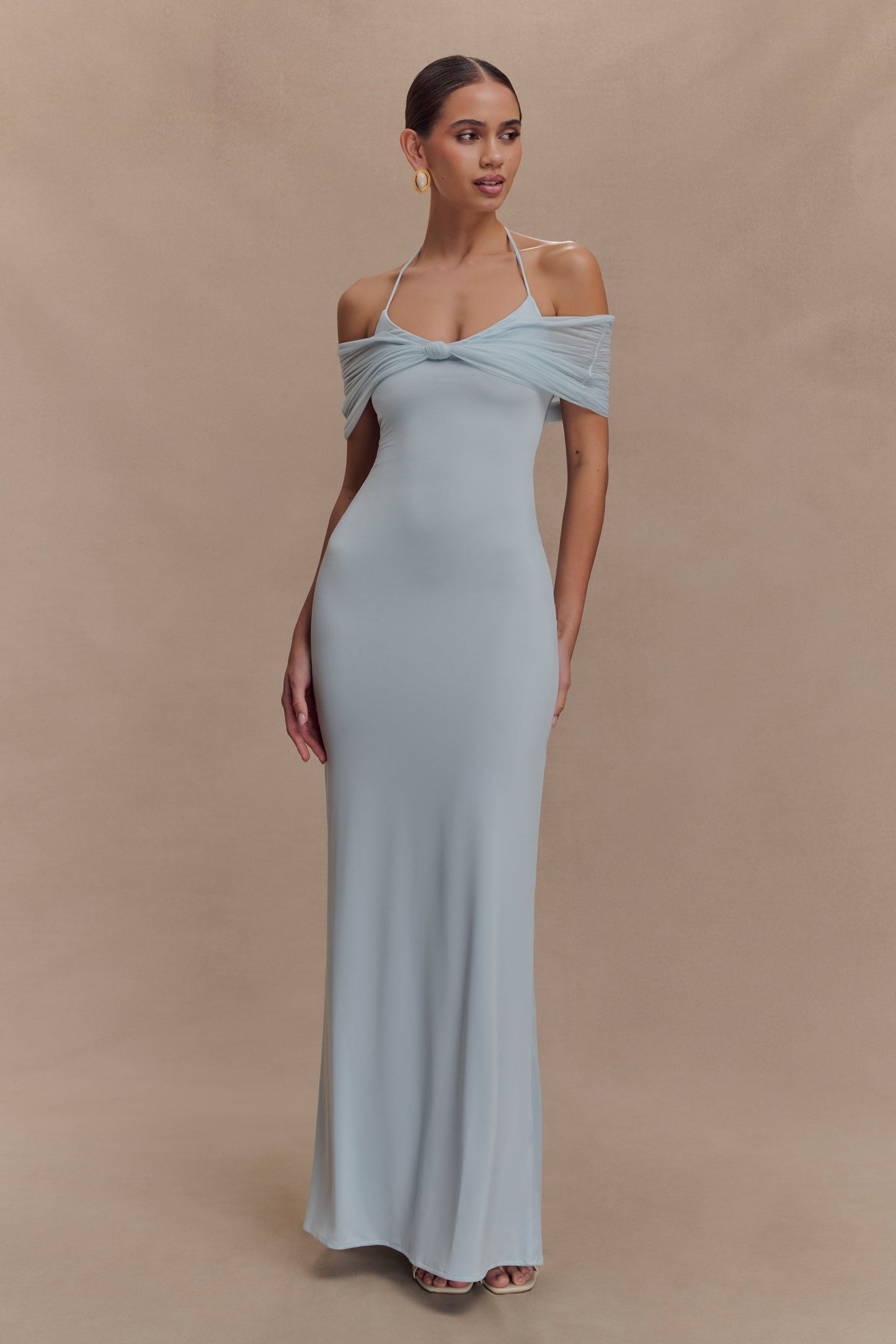 Bernadina Mesh And Slinky Halter Maxi Dress - Pale Blue