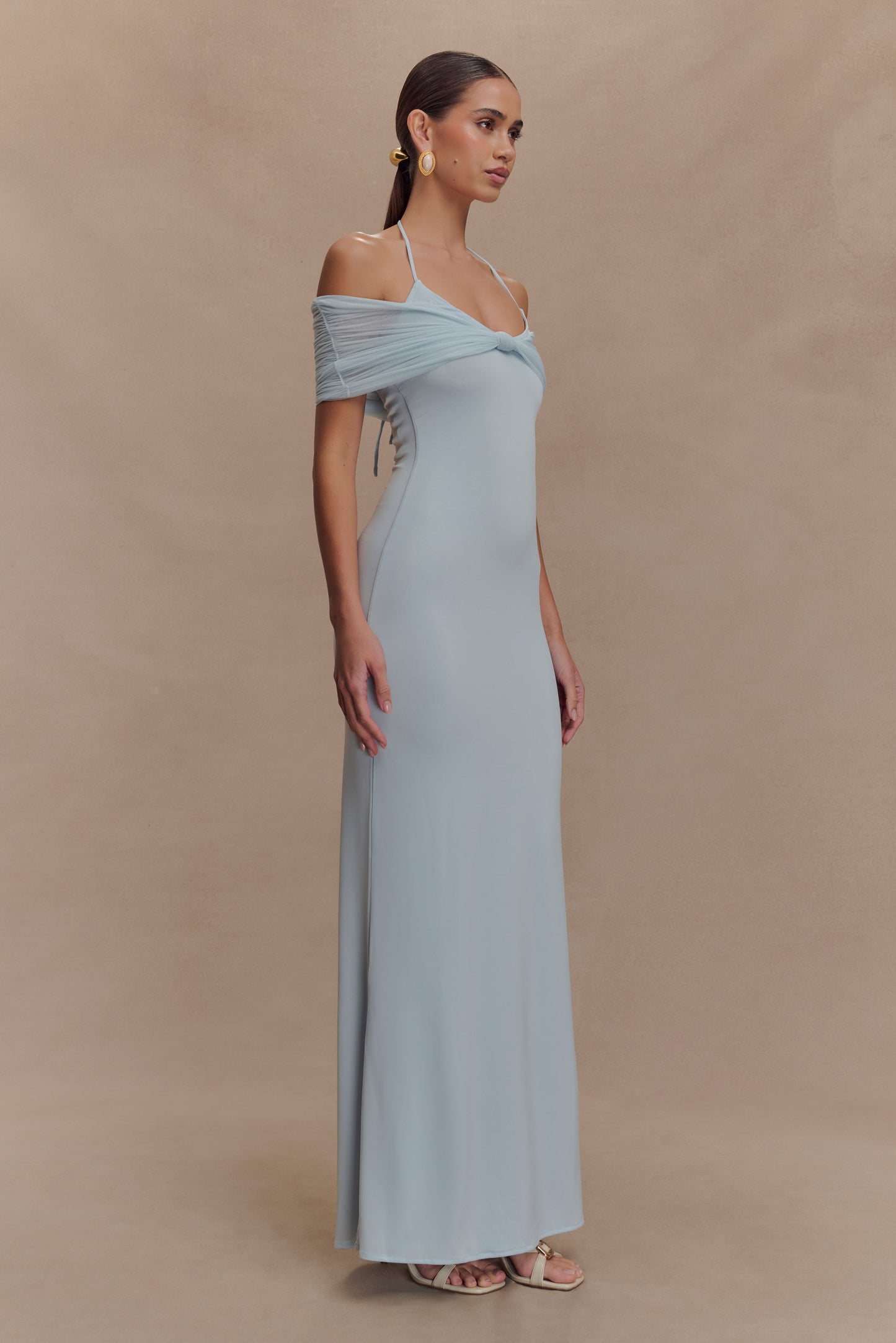 Bernadina Mesh And Slinky Halter Maxi Dress - Pale Blue