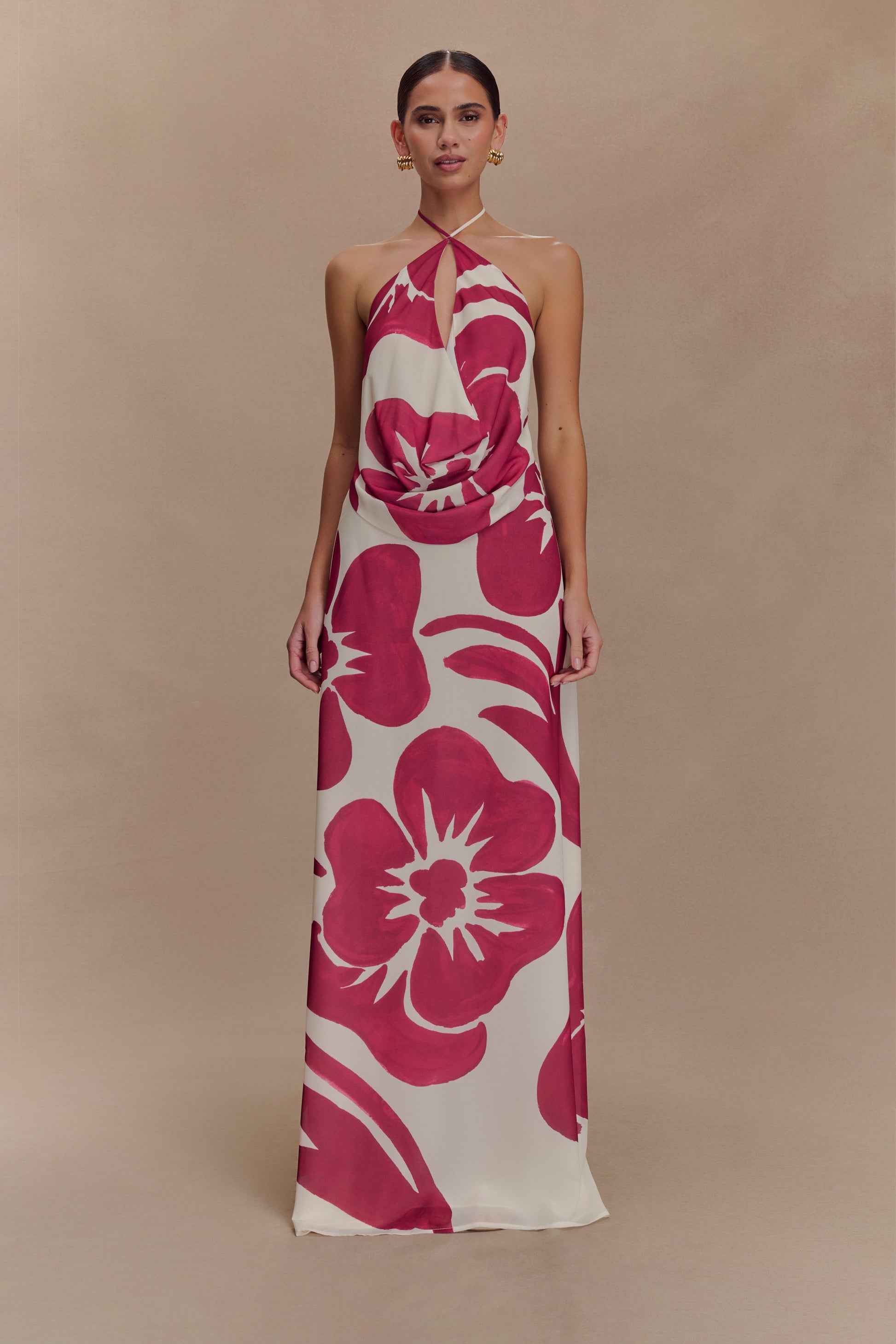 Katalina Chiffon Cowl Halter Top - Red Deco Fleur Print #6