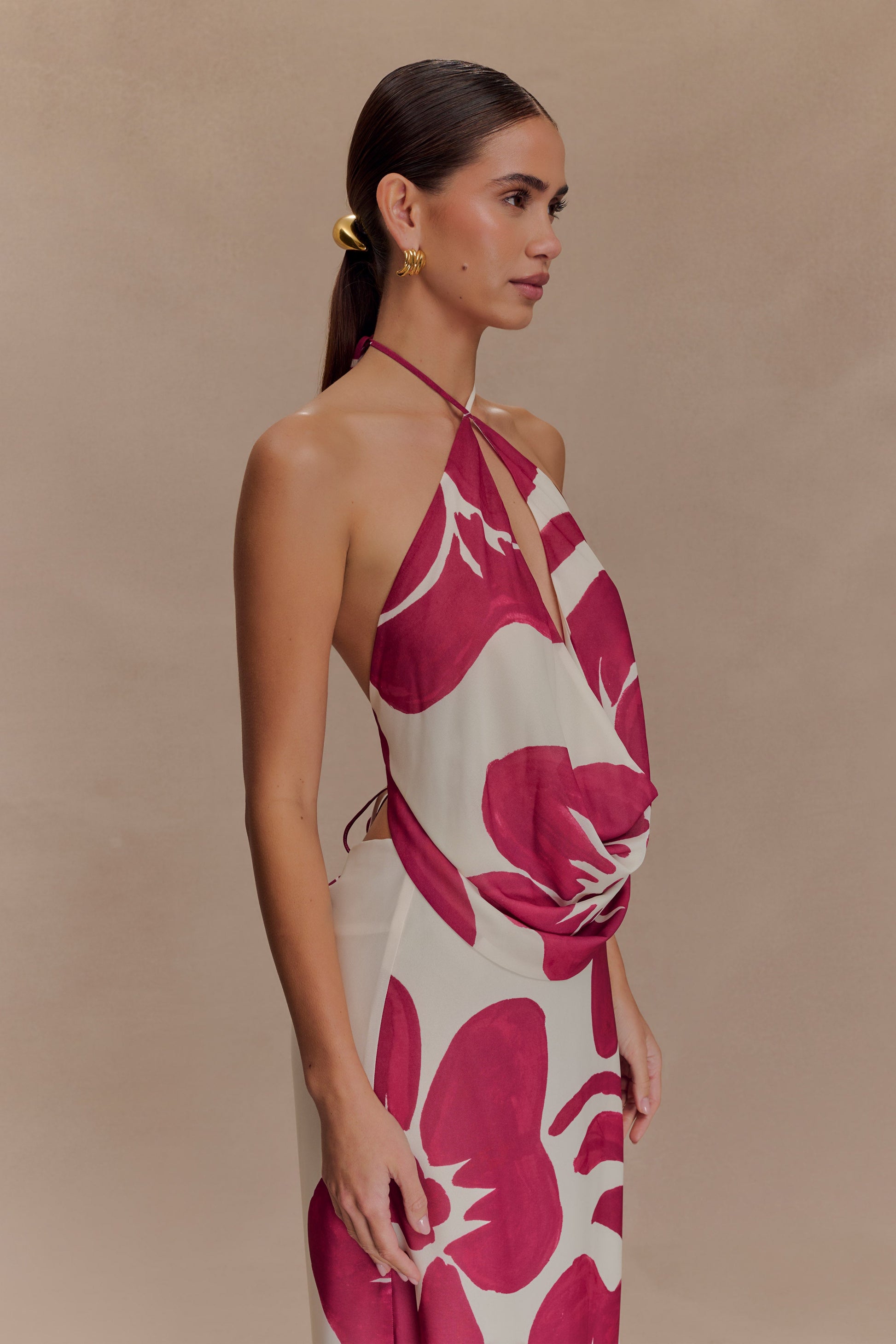 Katalina Chiffon Cowl Halter Top - Red Deco Fleur Print #7