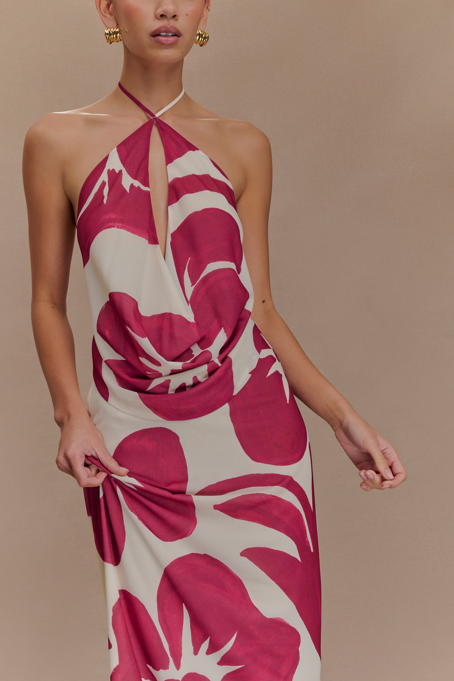 Katalina Chiffon Cowl Halter Top - Red Deco Fleur Print