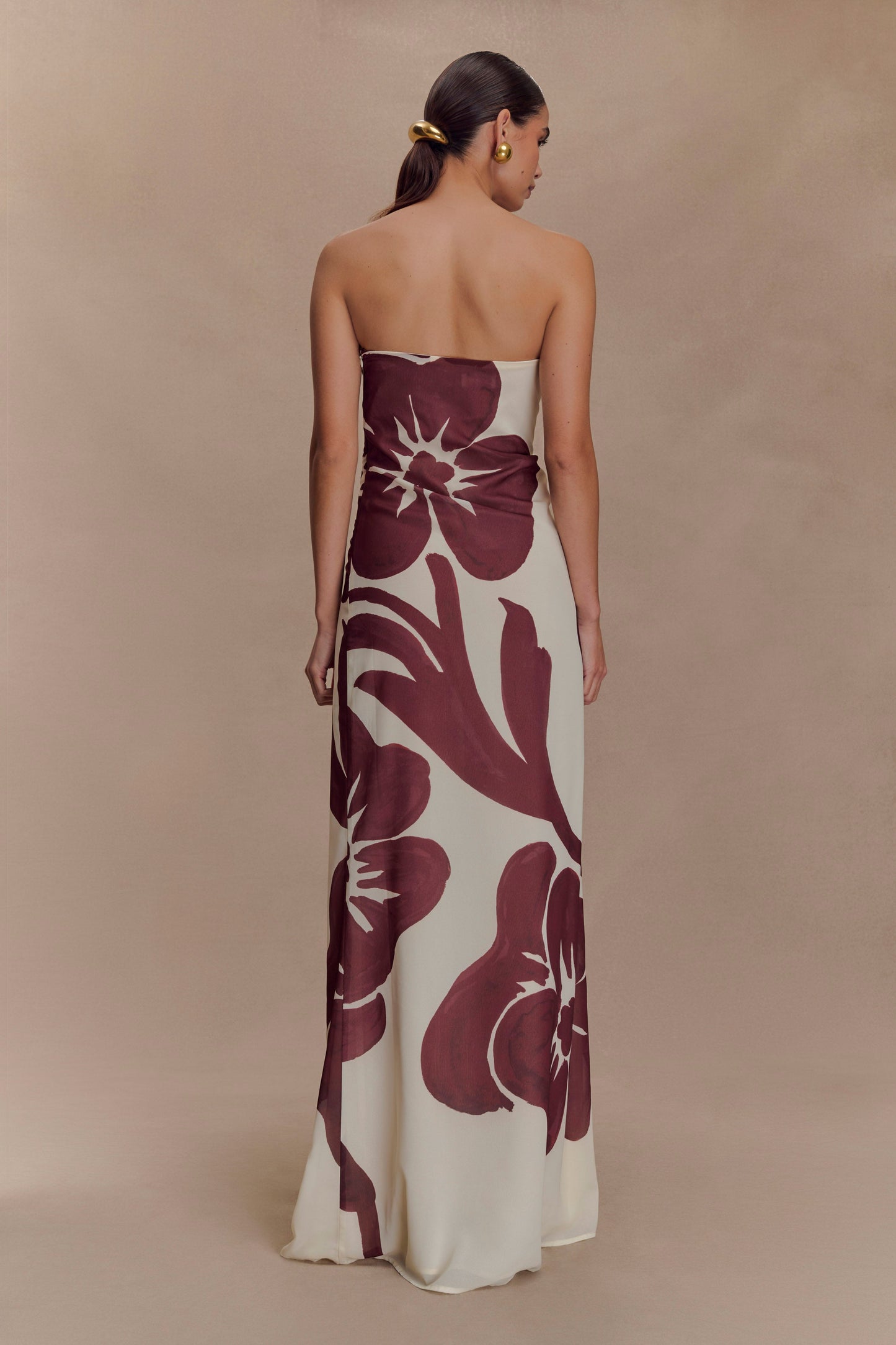 Amaya Strapless Chiffon Maxi Dress - Brown Deco Fleur Print