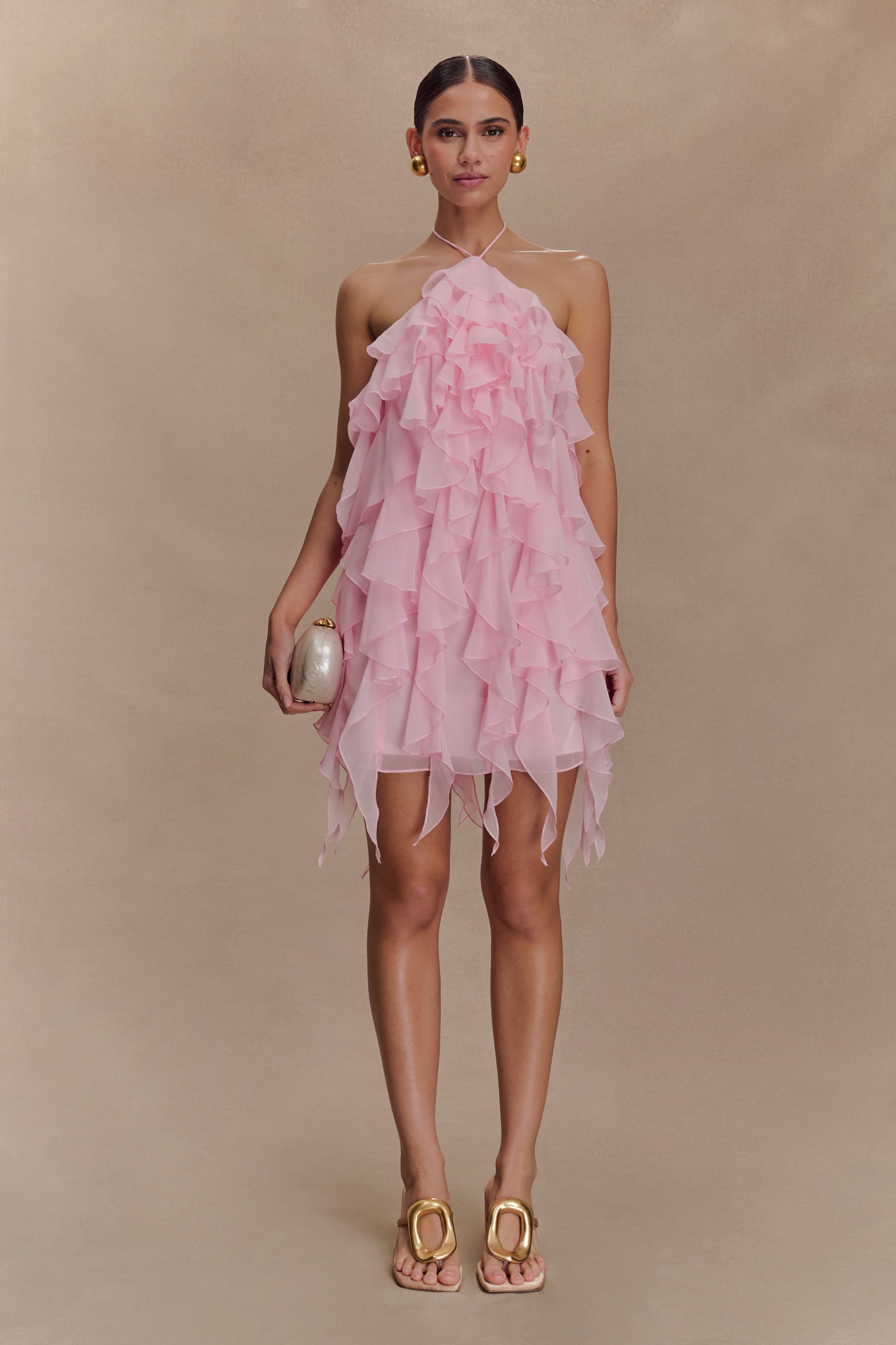 Marigold Ruffle Halter Mini Dress - Powder Pink #6