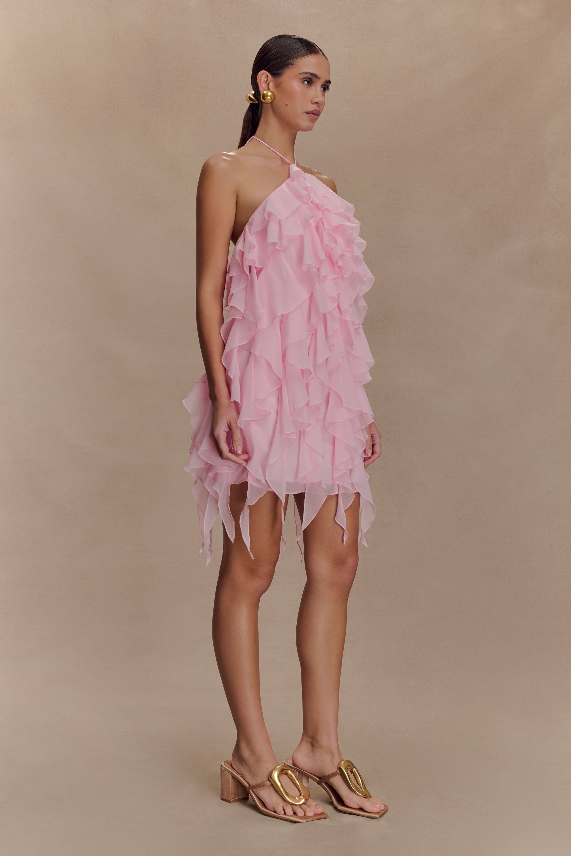Marigold Ruffle Halter Mini Dress - Powder Pink #4