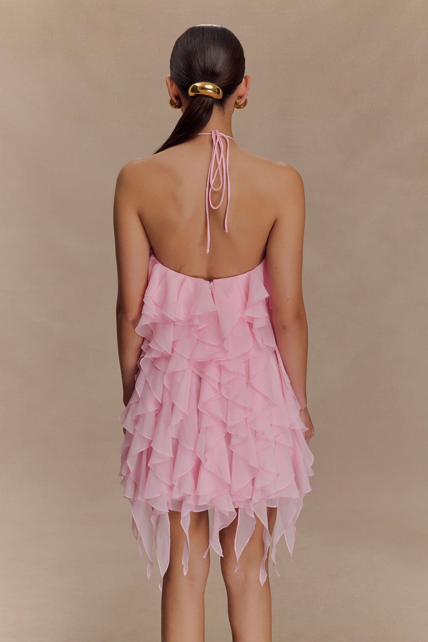 Marigold Ruffle Halter Mini Dress - Powder Pink