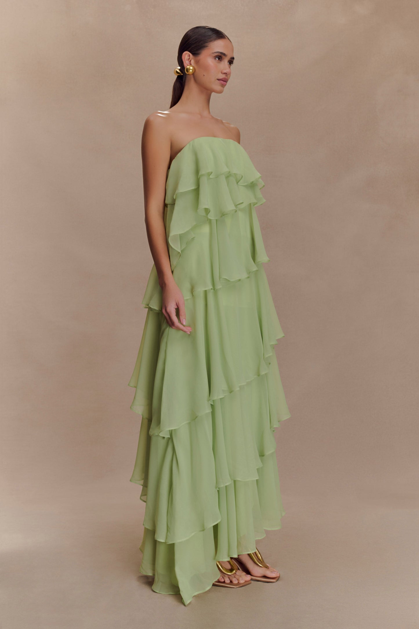 Alexa Ruffle Chiffon Maxi Dress - Pastel Lime