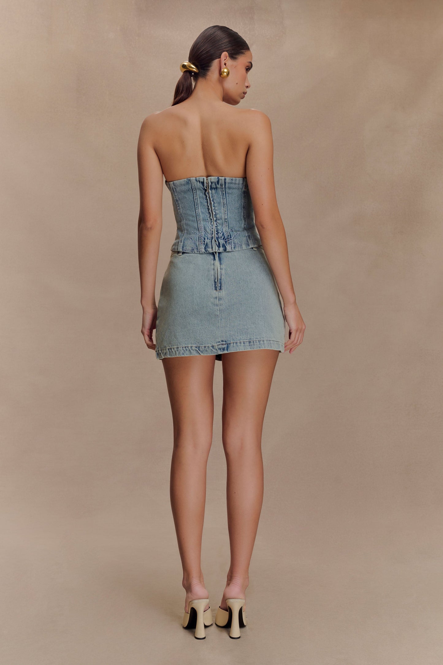 Alessia Embroidered Denim Corset - Light Vintage