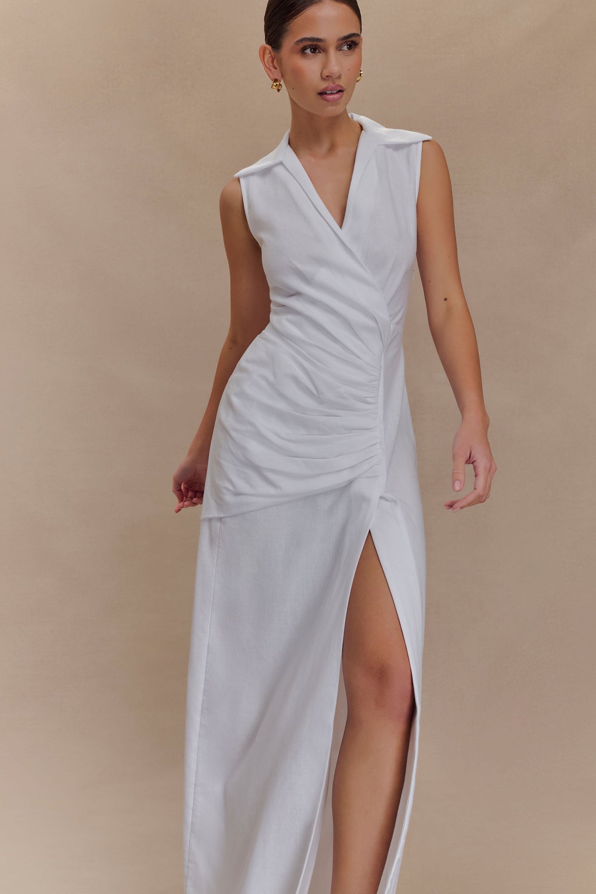 Dante Ruched Linen Midi Dress - White