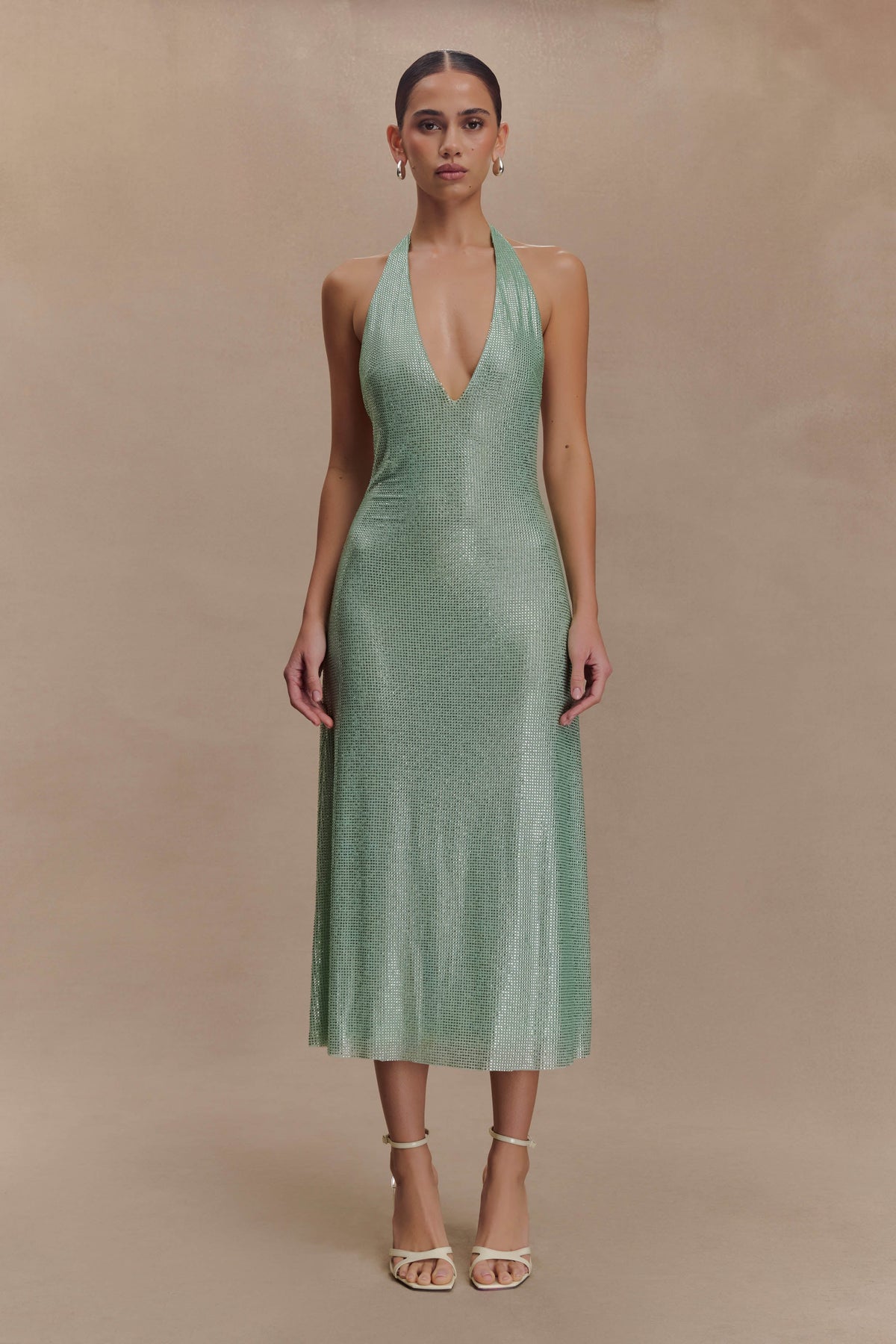 Genie Diamante Halter Midi Dress - Mint