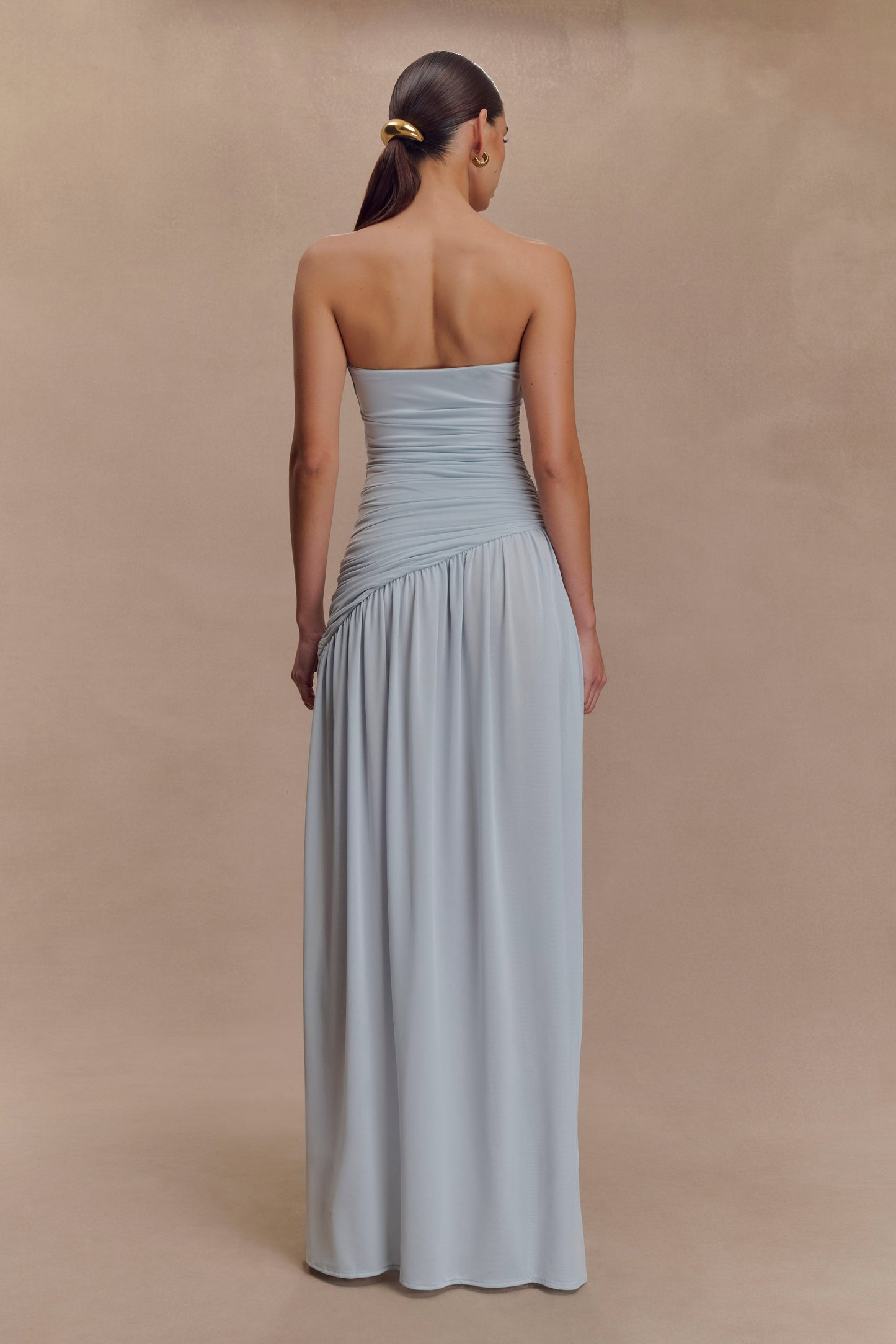 Bex Strapless Slinky Maxi Dress With Split - Pale Blue